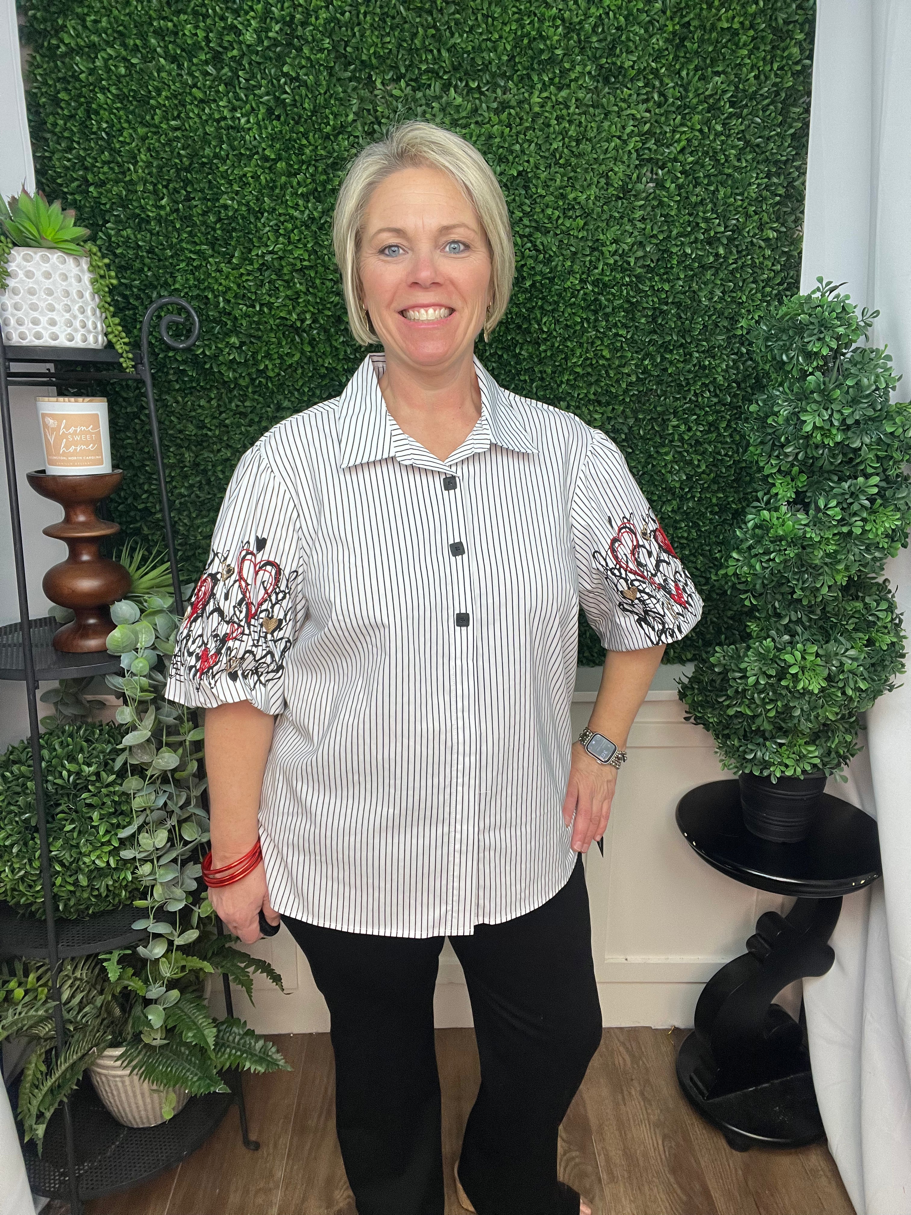 WOVEN YARN DYE BUTTON FRONT TOP W/EMBROIDERY - STRIPE MULTI