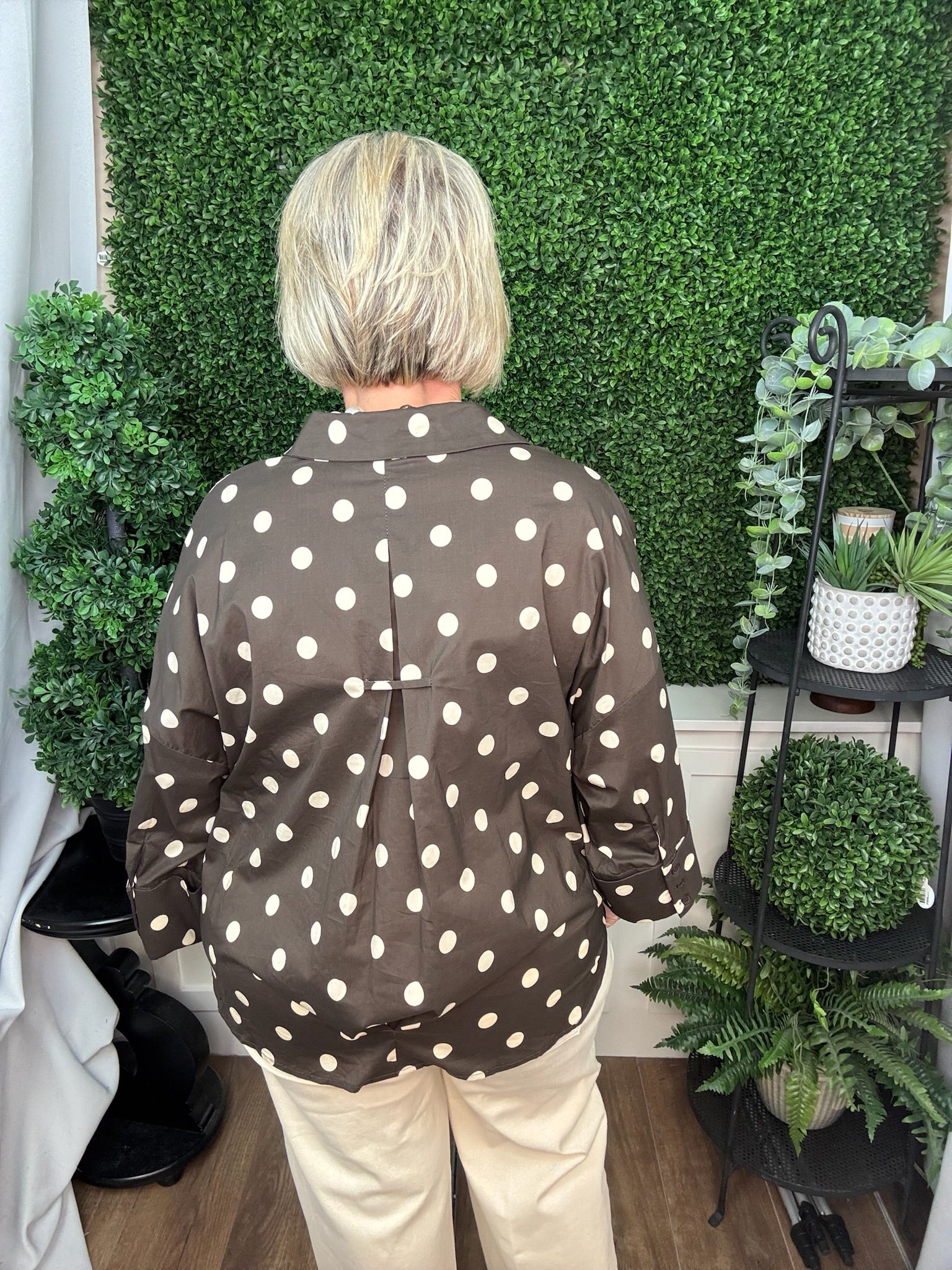 BUTTON DOWN POLKA DOT BLOUSE - ESPRESSO