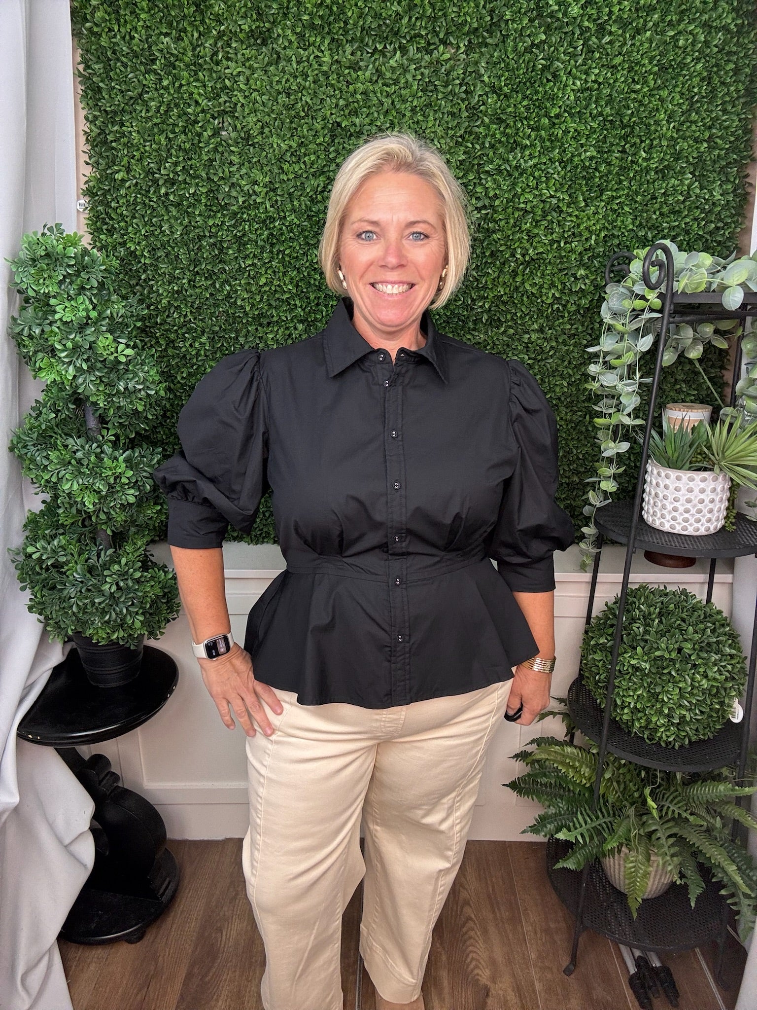 BUTTON DOWN FLARED PEPLUM HEM BLOUSE - BLACK