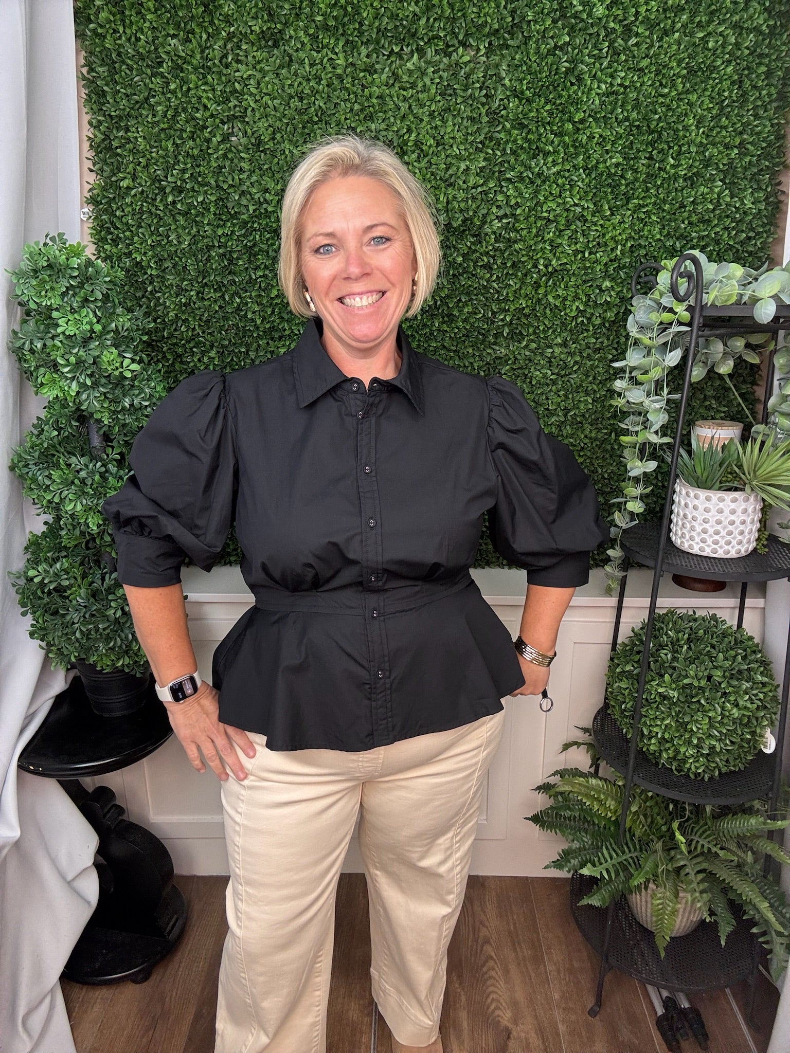 BUTTON DOWN FLARED PEPLUM HEM BLOUSE - BLACK