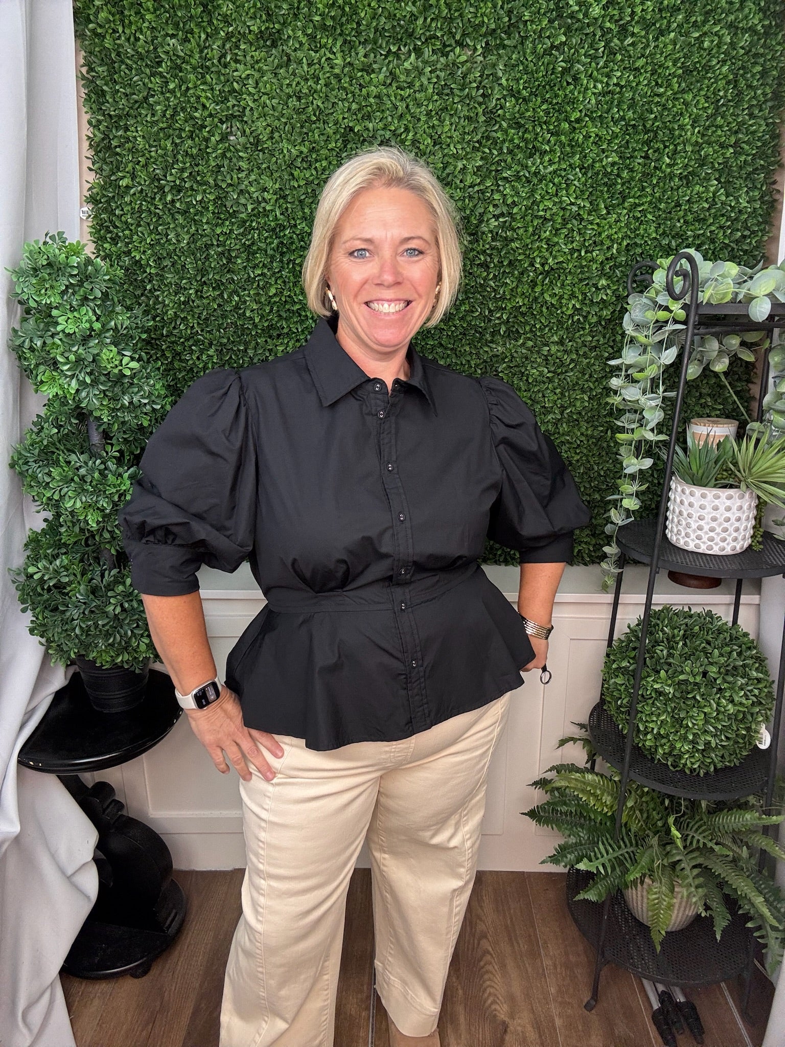 BUTTON DOWN FLARED PEPLUM HEM BLOUSE - BLACK