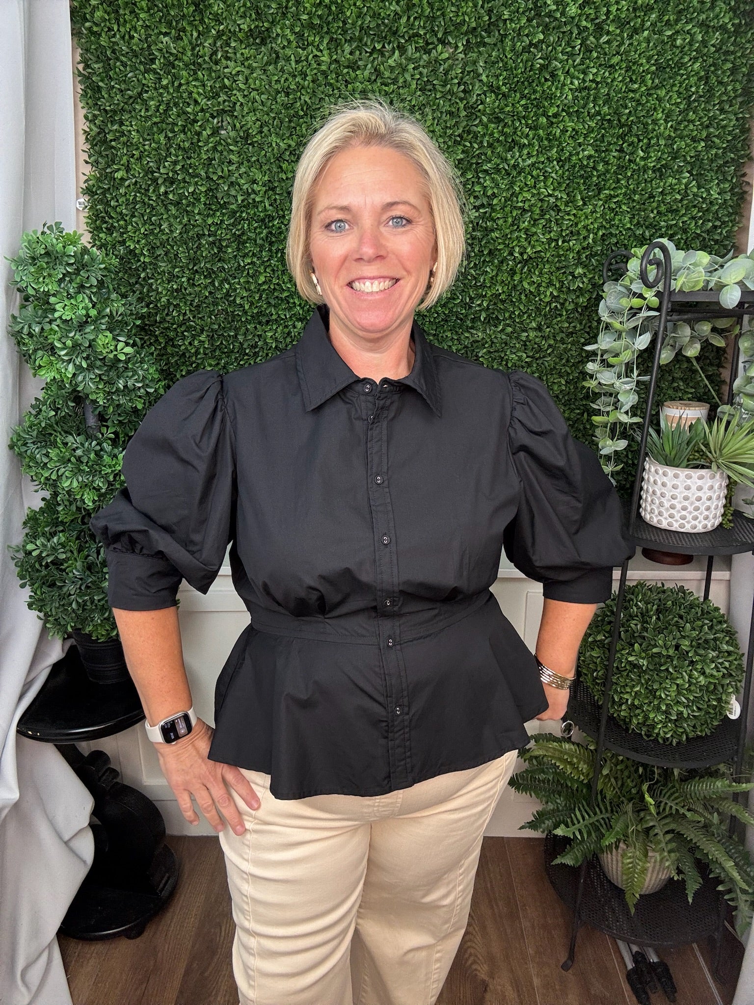 BUTTON DOWN FLARED PEPLUM HEM BLOUSE - BLACK