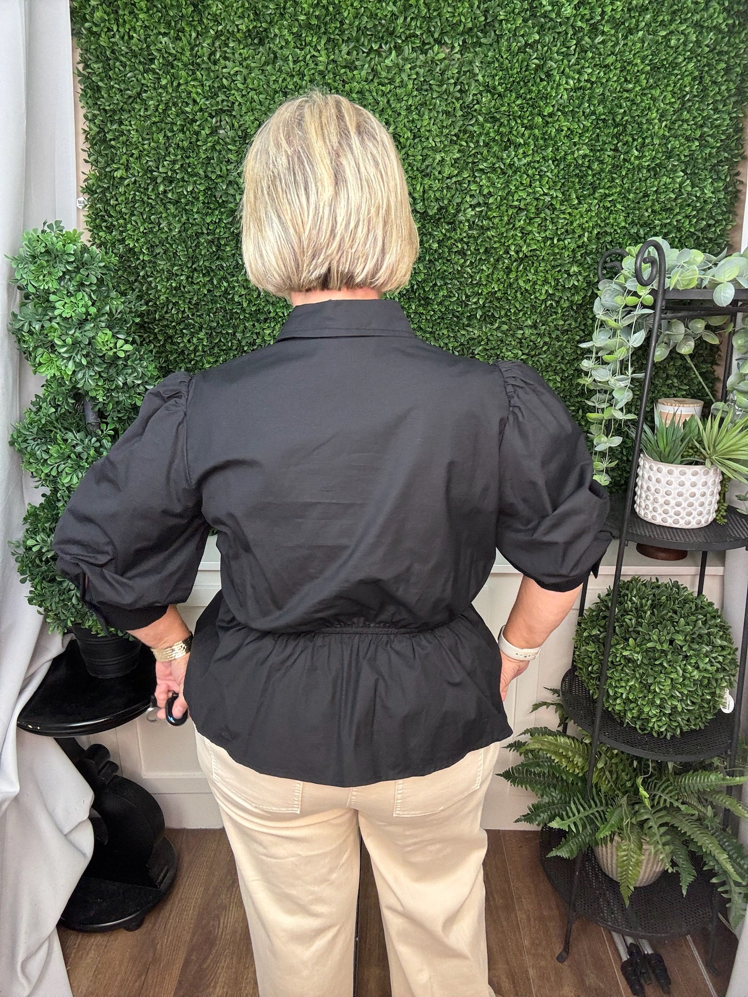 BUTTON DOWN FLARED PEPLUM HEM BLOUSE - BLACK