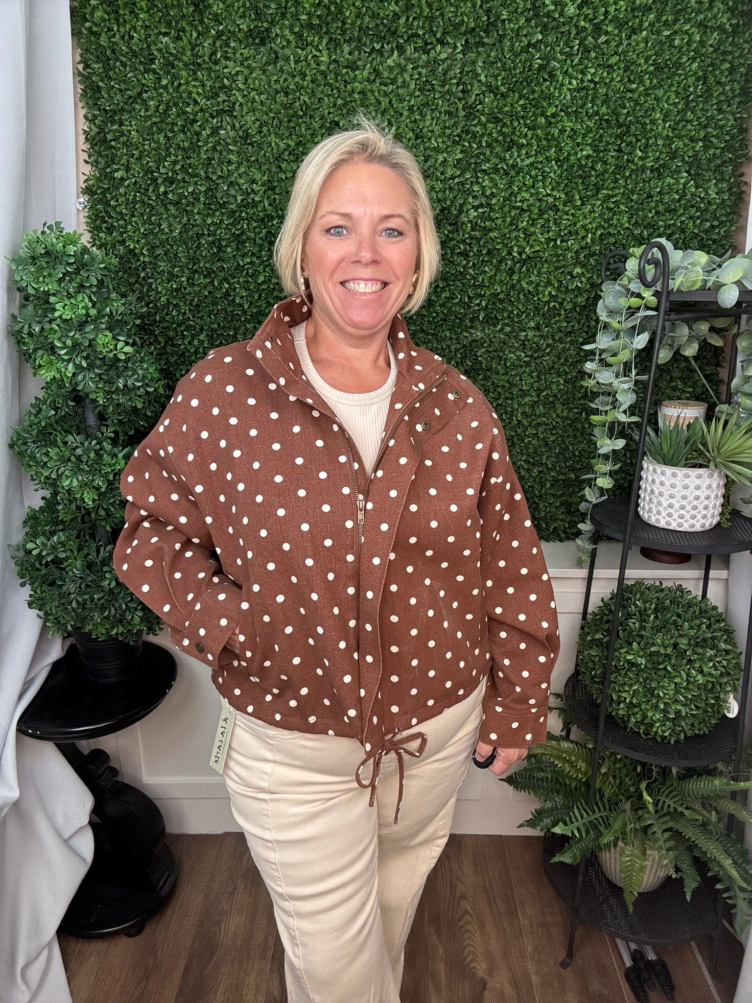 POLKA DOT ZIP FRONT JACKET - BROWN