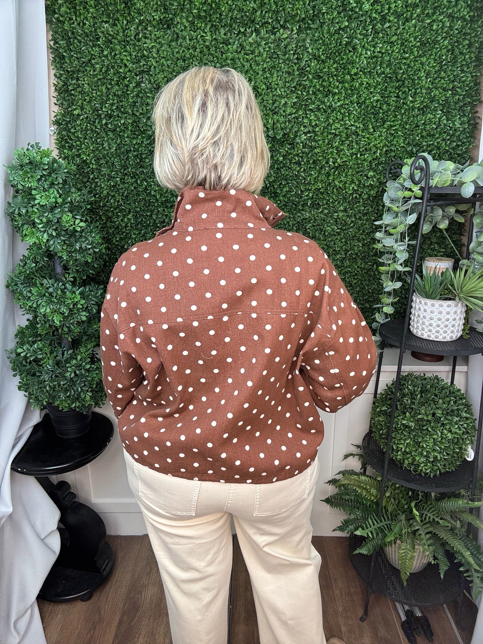 POLKA DOT ZIP FRONT JACKET - BROWN