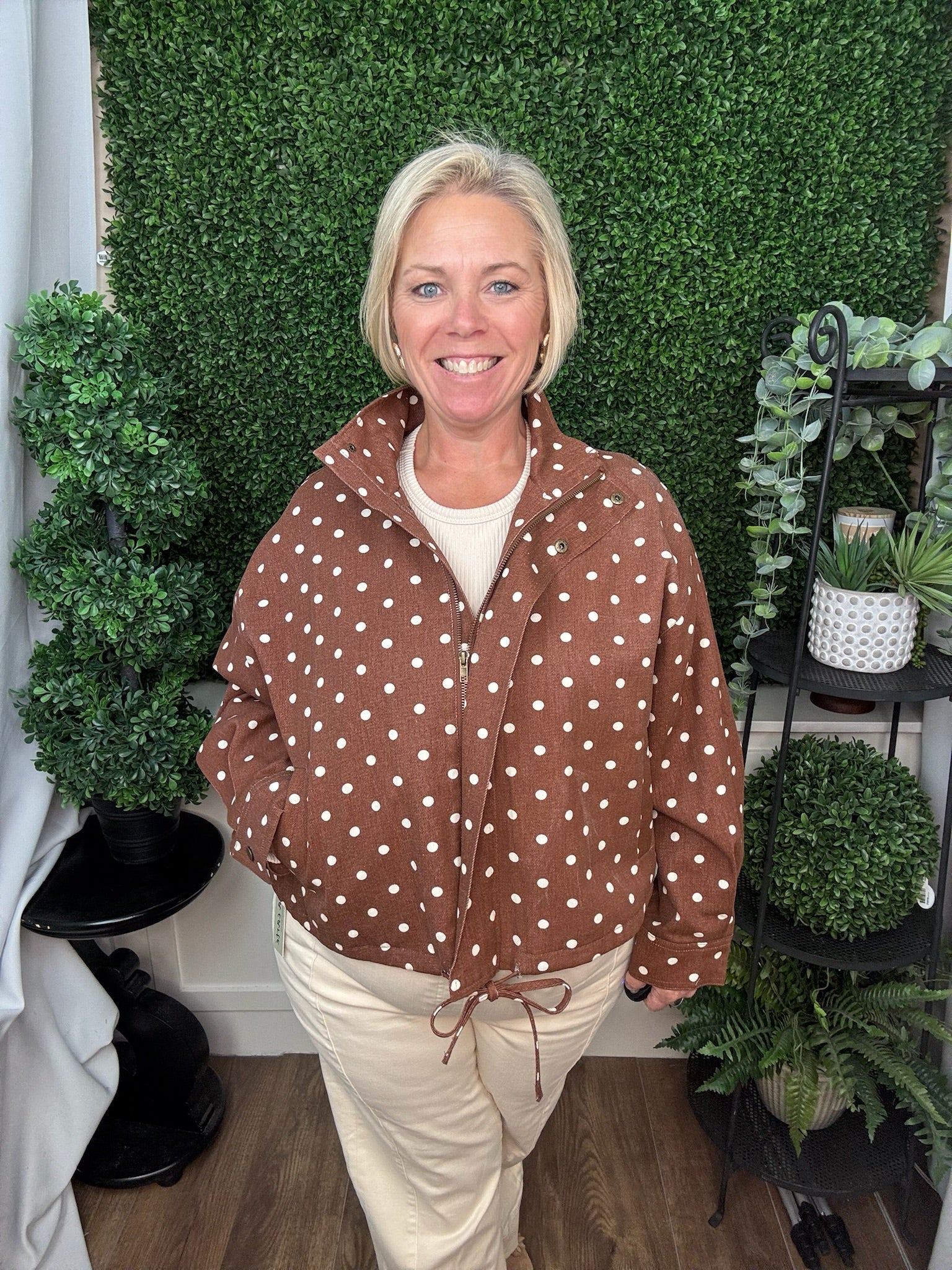 POLKA DOT ZIP FRONT JACKET - BROWN