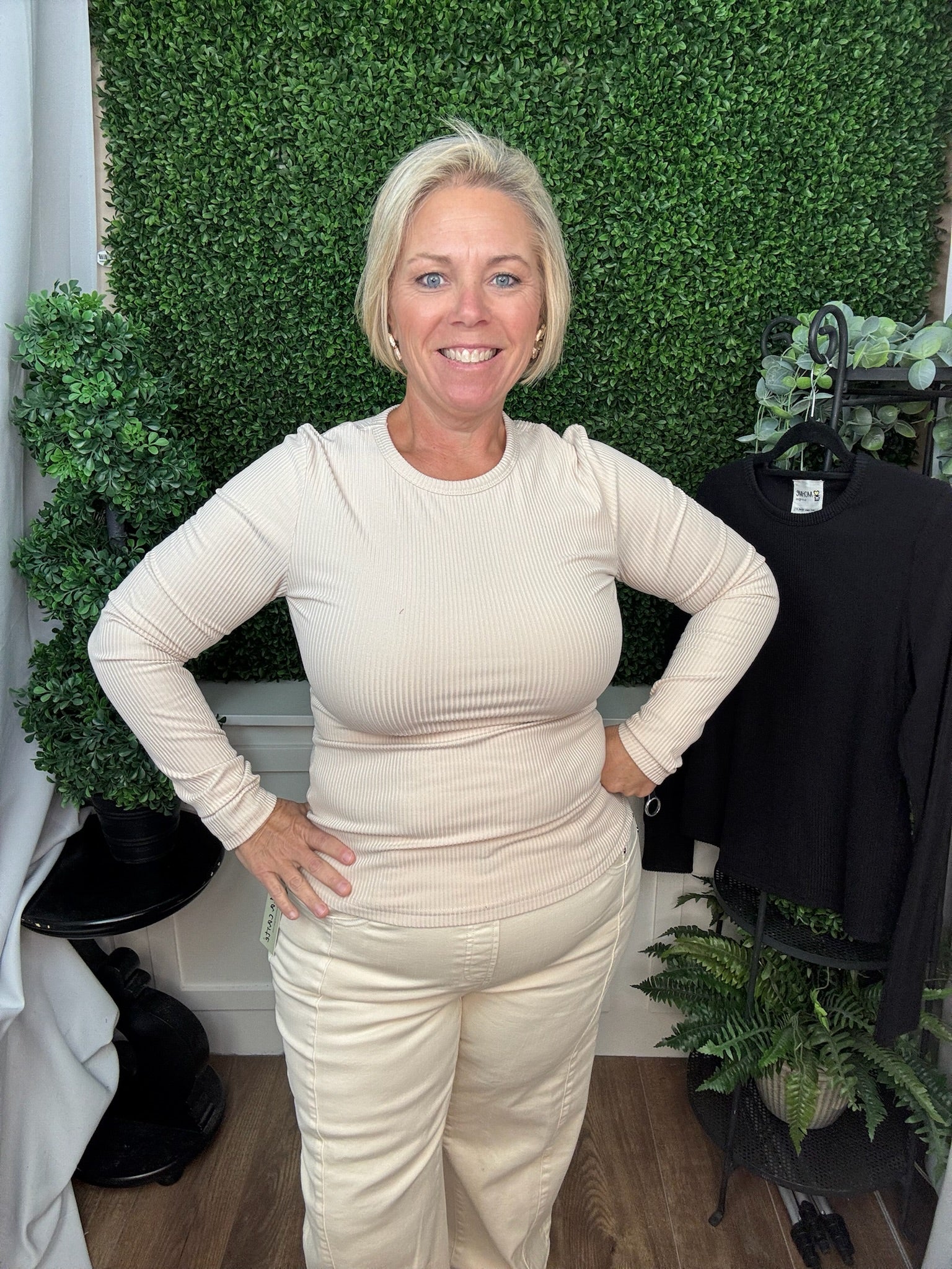 NO LINING BRUSHED RIB LONG SLEEVE KNIT TOP - BLACK/BROWN/NATURAL