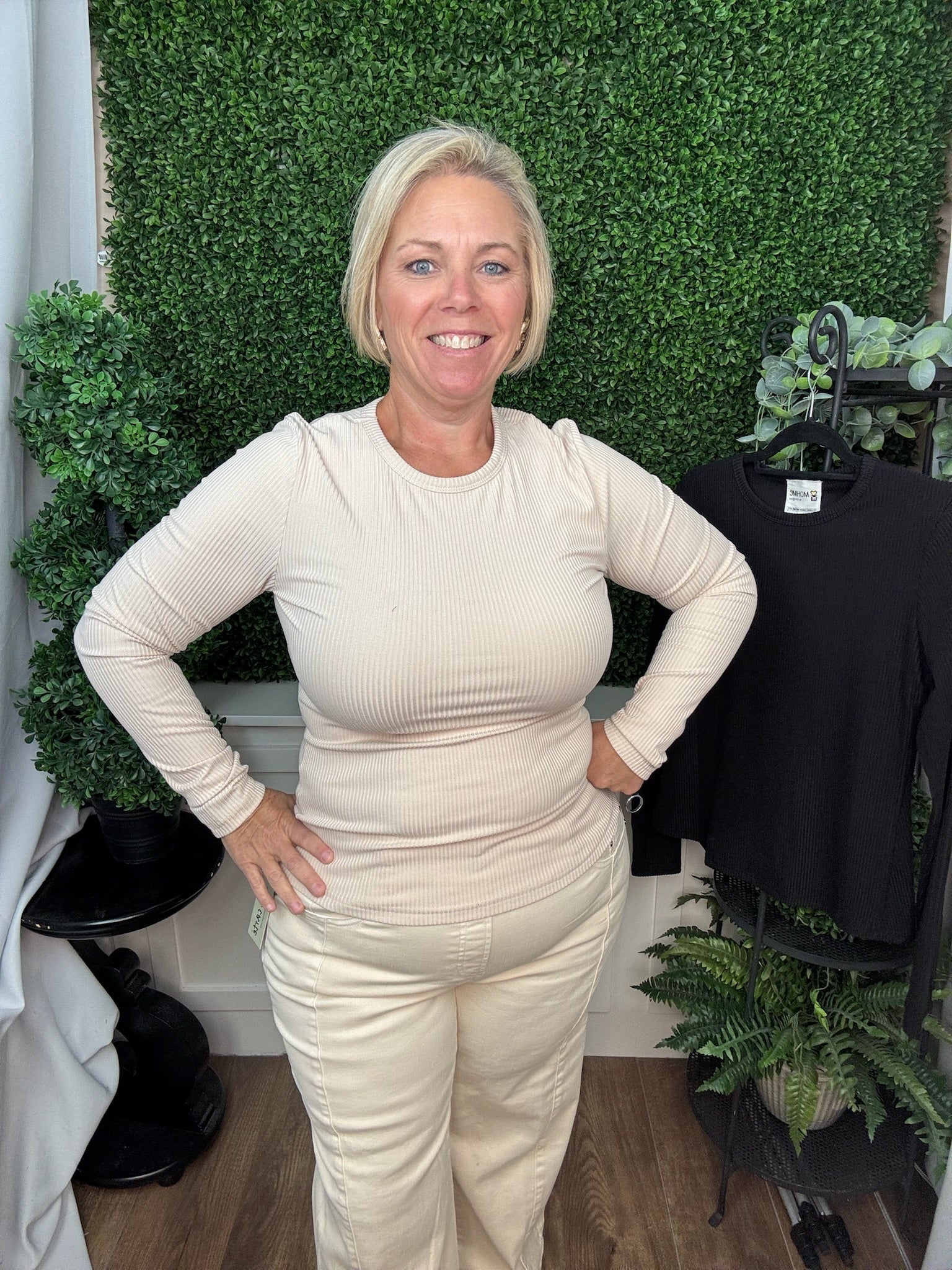 NO LINING BRUSHED RIB LONG SLEEVE KNIT TOP - BLACK/BROWN/NATURAL