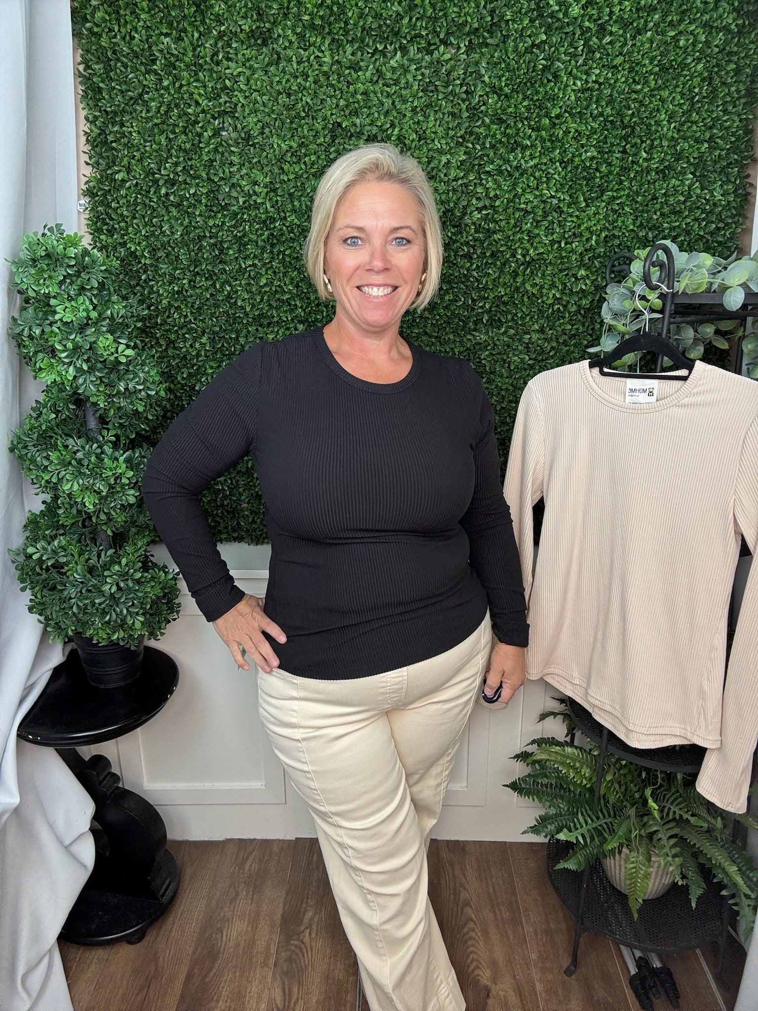NO LINING BRUSHED RIB LONG SLEEVE KNIT TOP - BLACK/BROWN/NATURAL