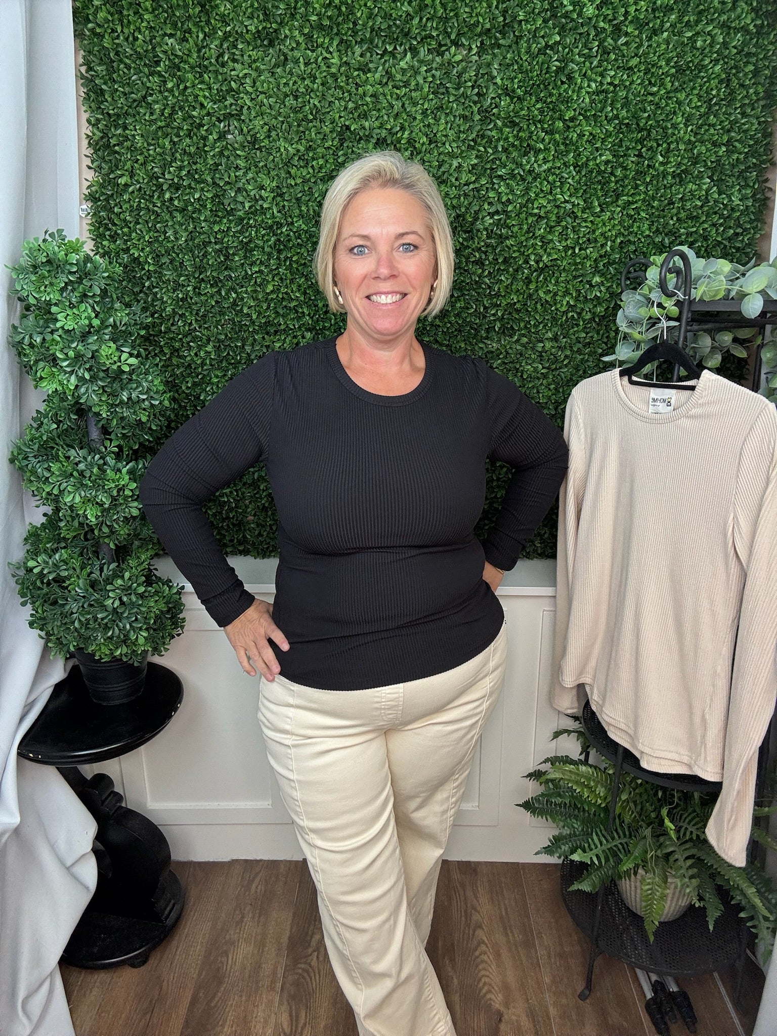 NO LINING BRUSHED RIB LONG SLEEVE KNIT TOP - BLACK/BROWN/NATURAL