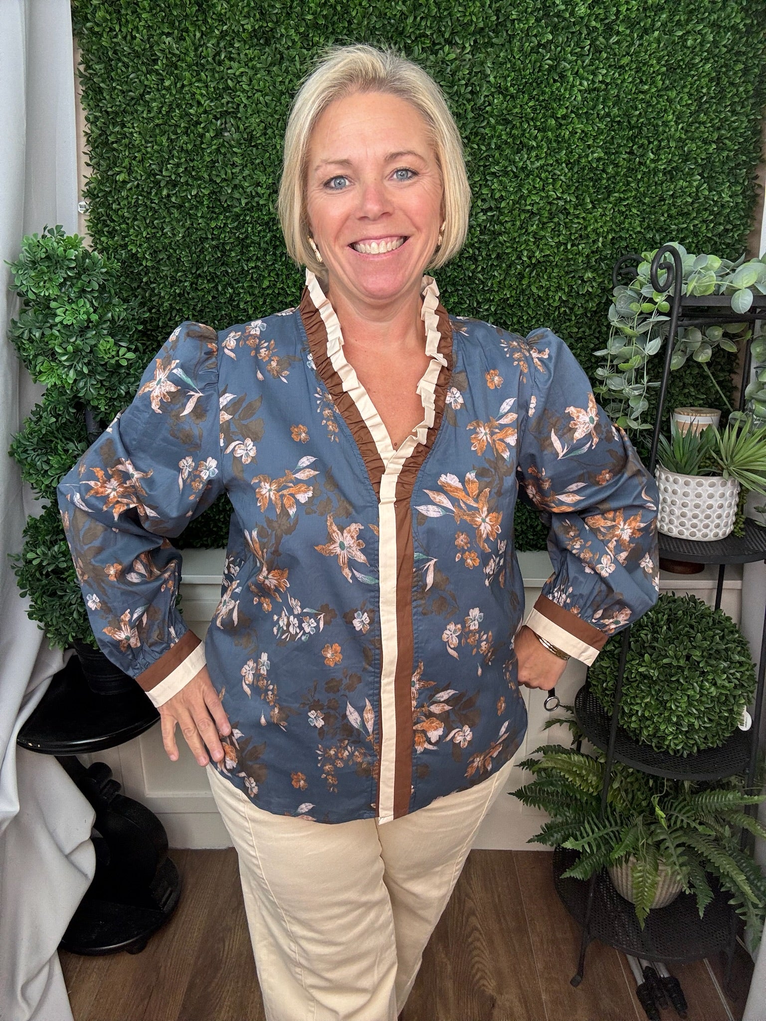 LONG SLEEVE PRINTED TOP - DUSTY BLUE