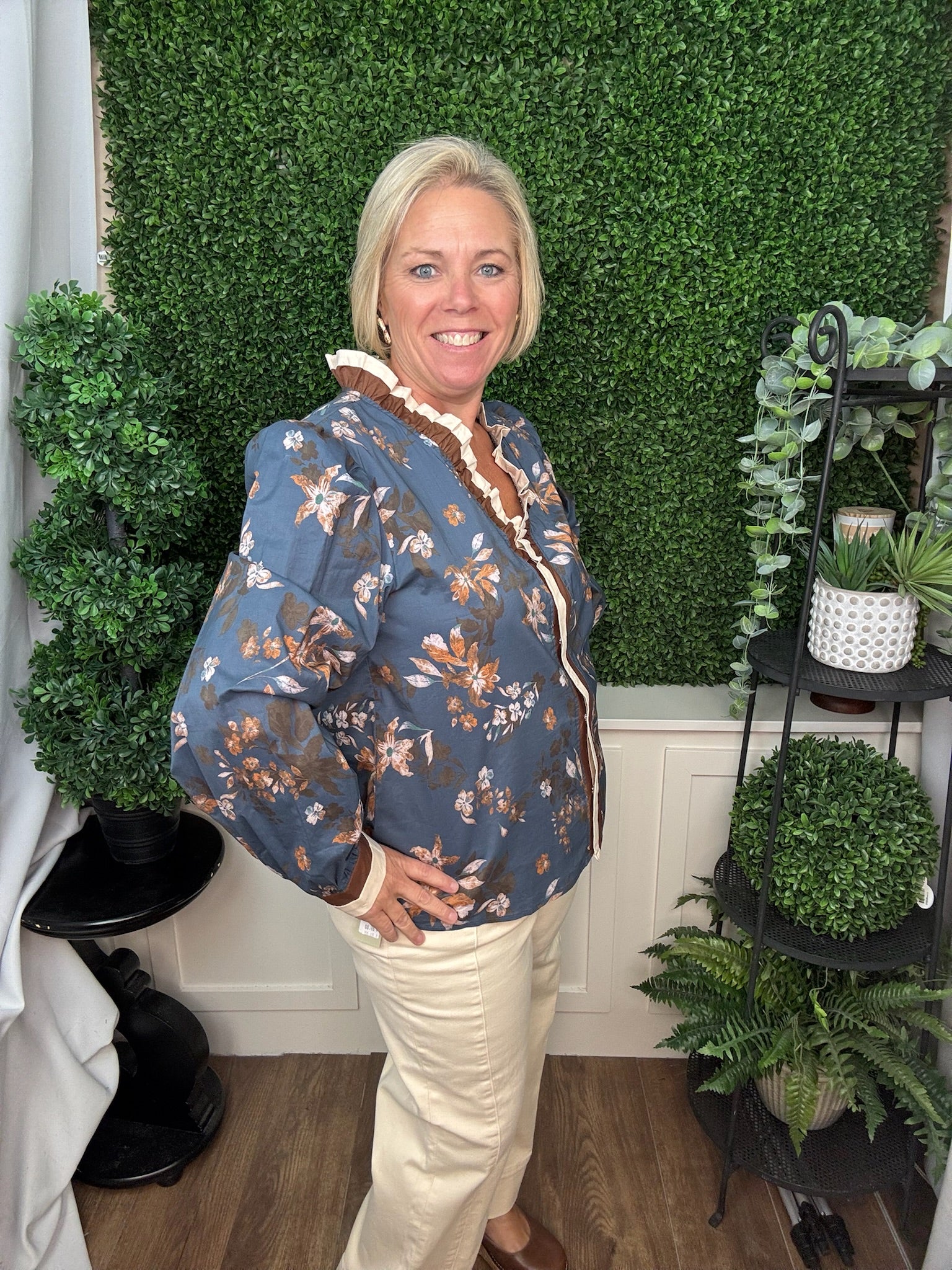 LONG SLEEVE PRINTED TOP - DUSTY BLUE