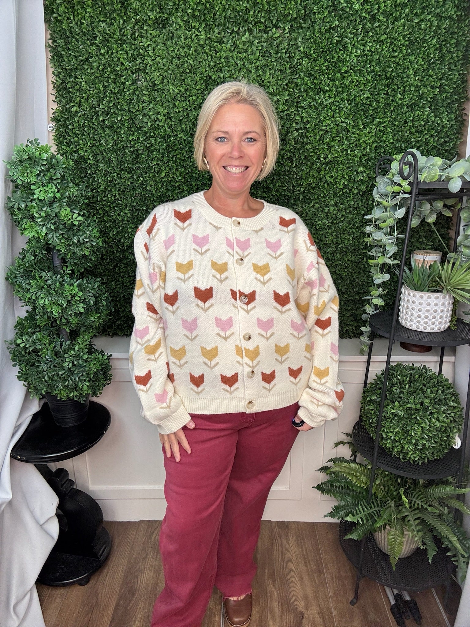 FLORAL MOTIF BUTTON FRONT KNIT CARDIGAN - CREAM COMBO