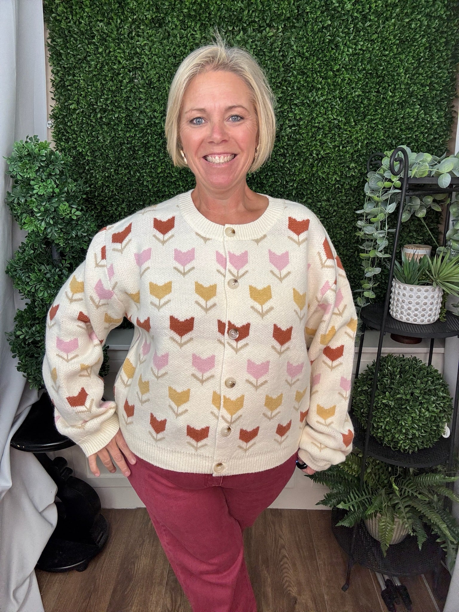 FLORAL MOTIF BUTTON FRONT KNIT CARDIGAN - CREAM COMBO