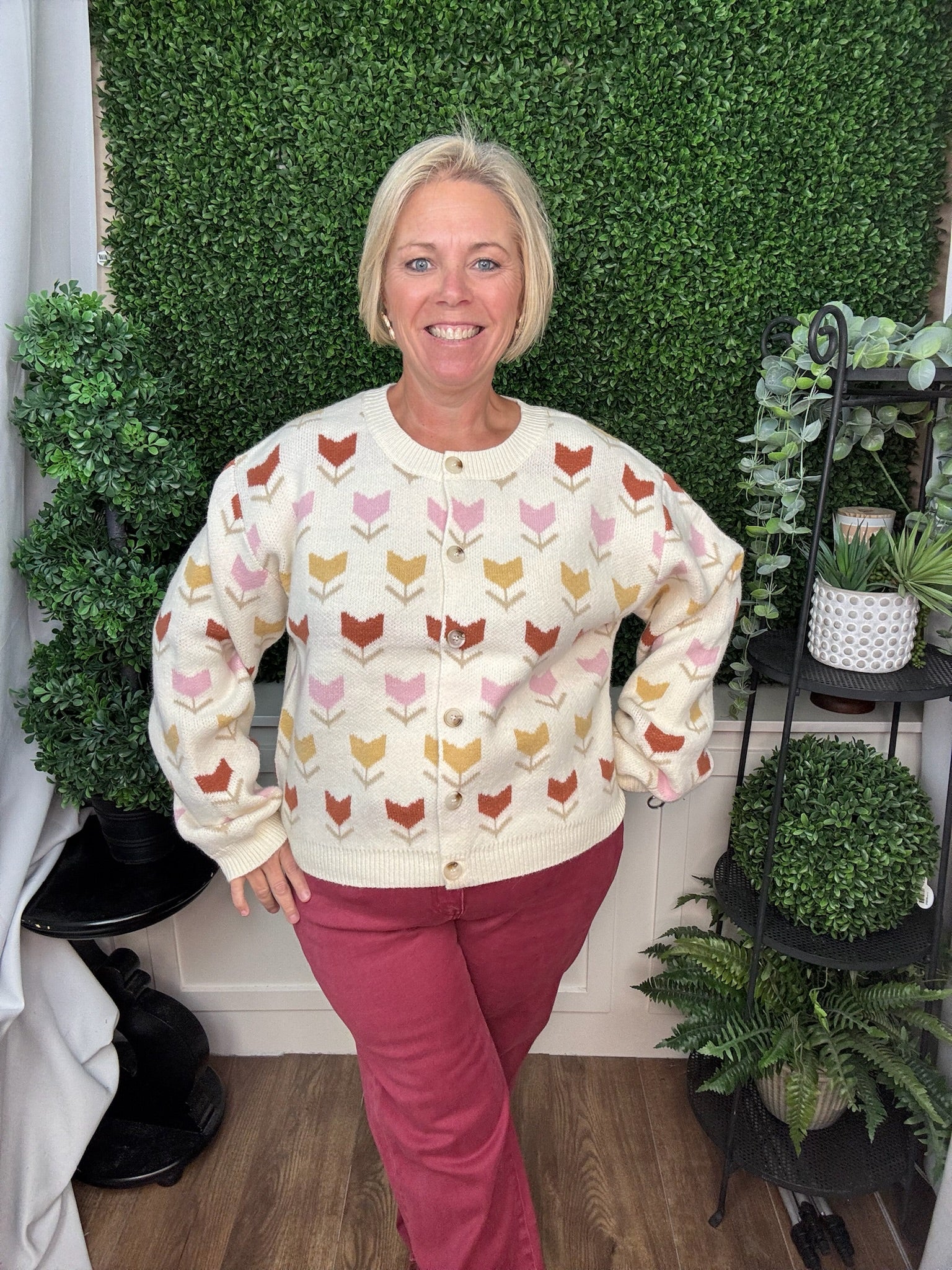 FLORAL MOTIF BUTTON FRONT KNIT CARDIGAN - CREAM COMBO