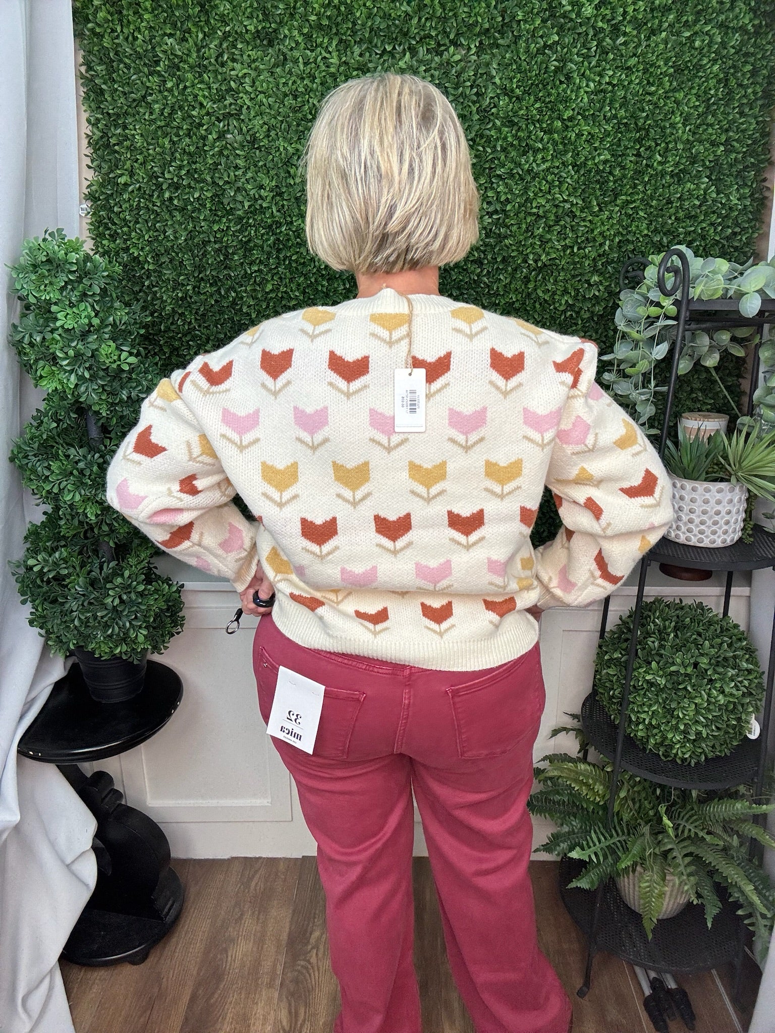 FLORAL MOTIF BUTTON FRONT KNIT CARDIGAN - CREAM COMBO