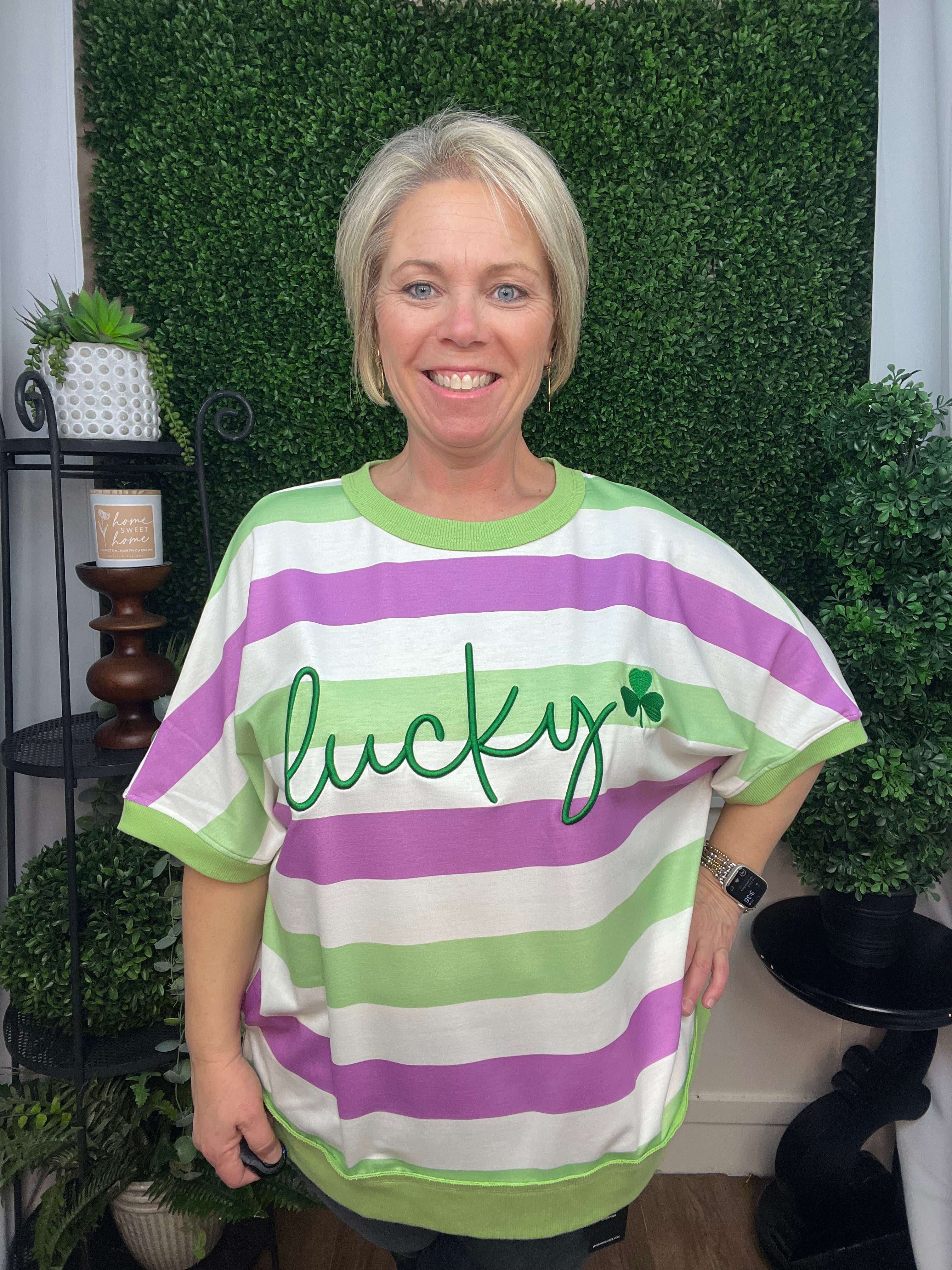 LUCKY CLOVER EMBROIDERED GRAPHIC TEE - GREEN STRIPE