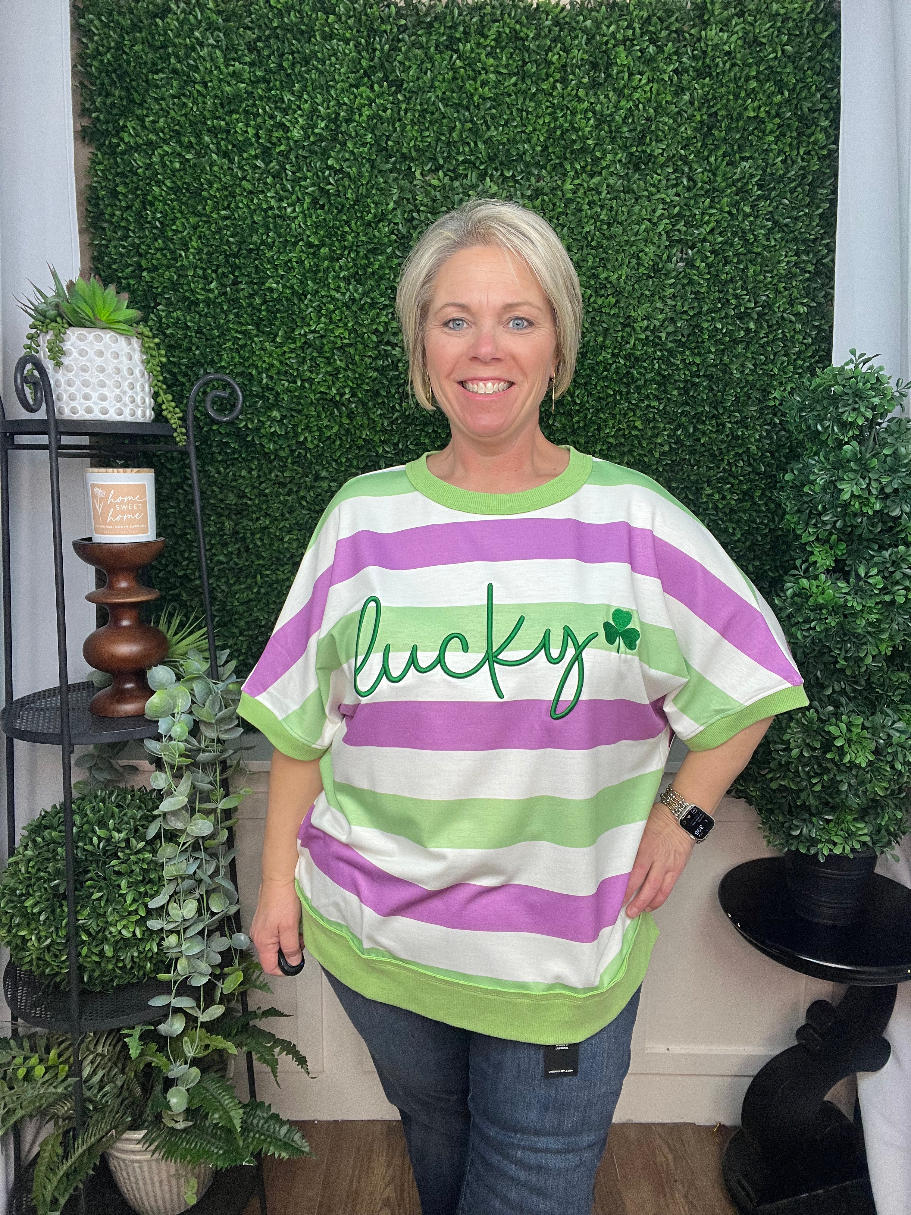 LUCKY CLOVER EMBROIDERED GRAPHIC TEE - GREEN STRIPE