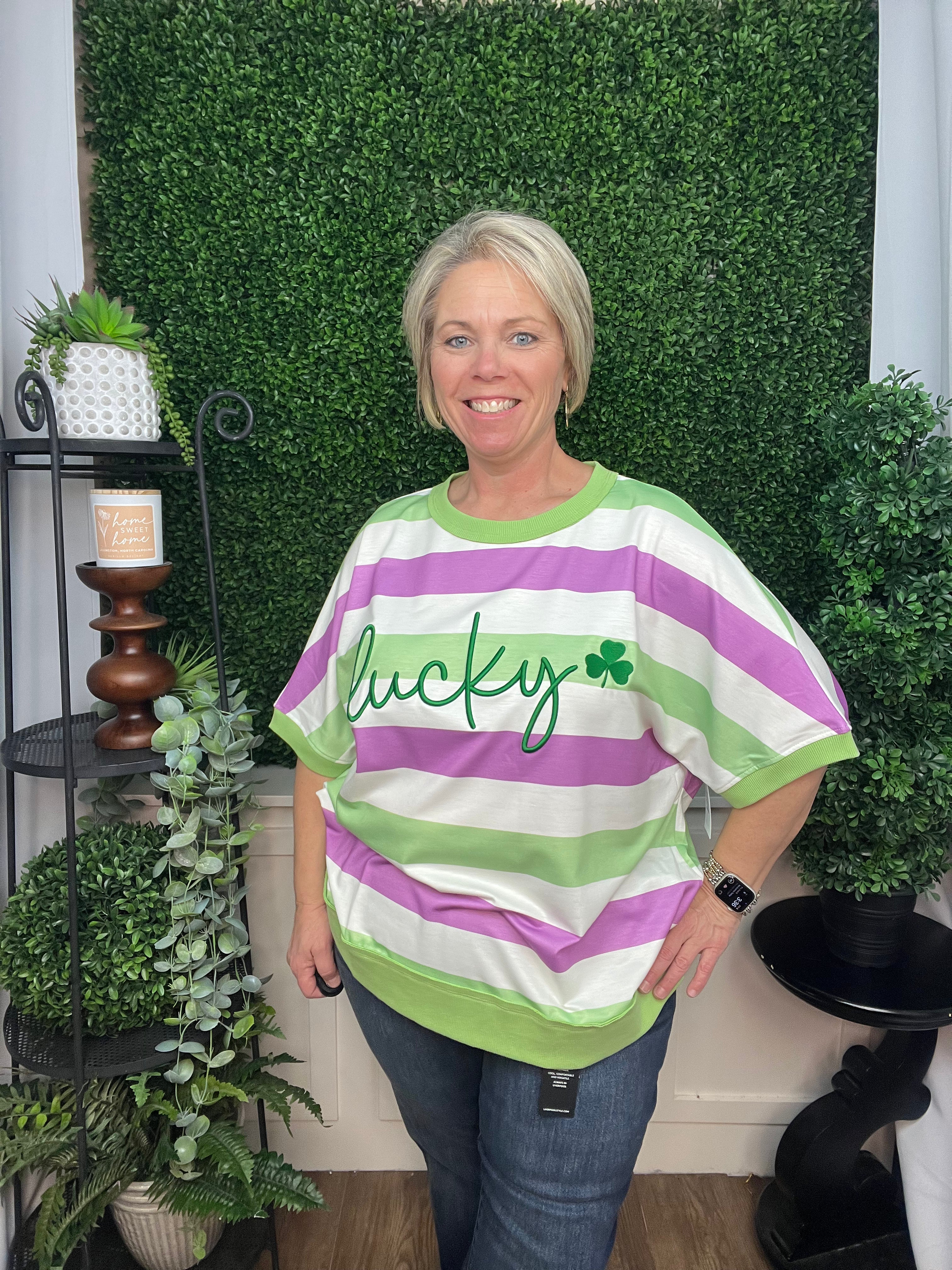 LUCKY CLOVER EMBROIDERED GRAPHIC TEE - GREEN STRIPE