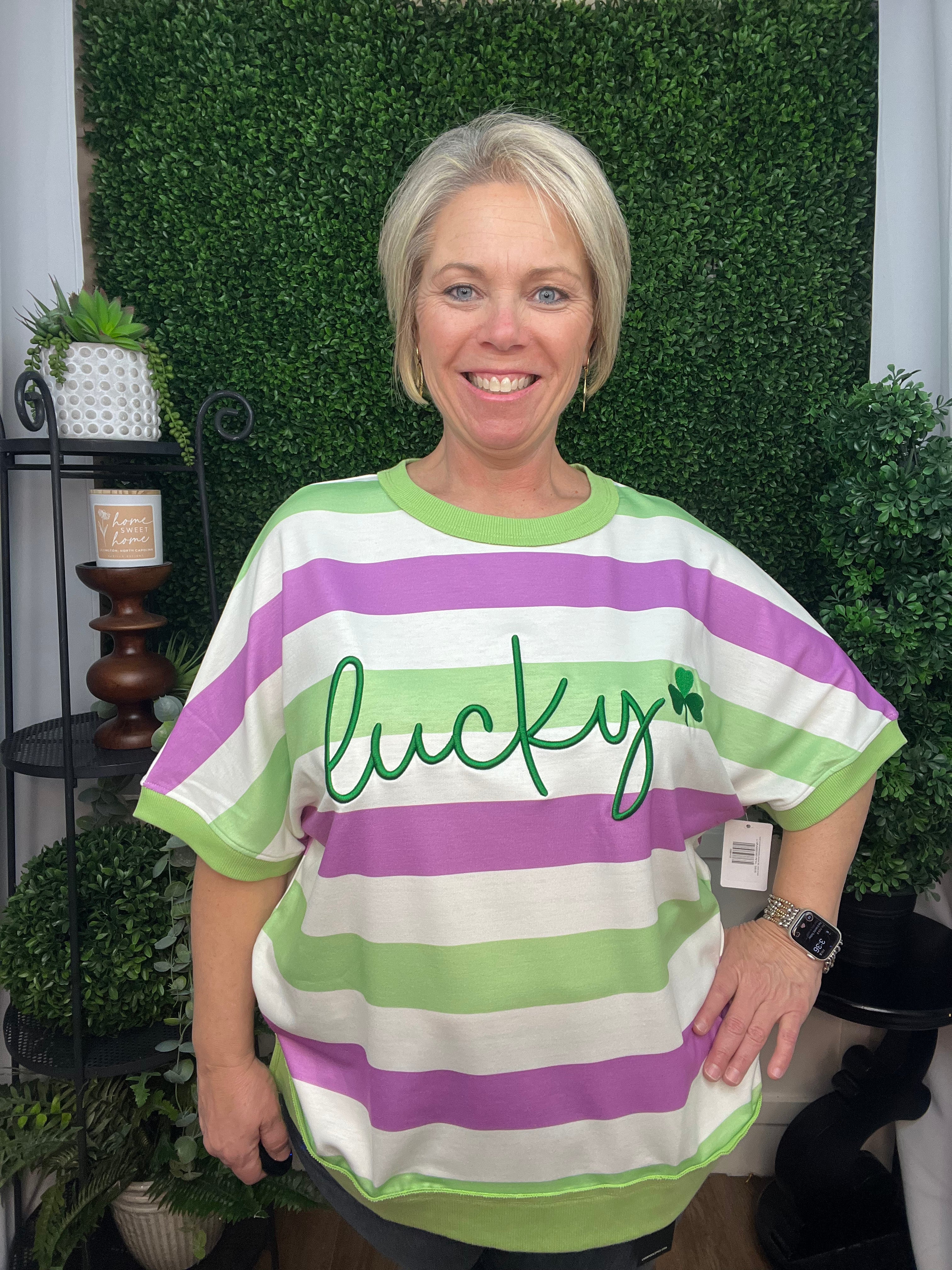 LUCKY CLOVER EMBROIDERED GRAPHIC TEE - GREEN STRIPE