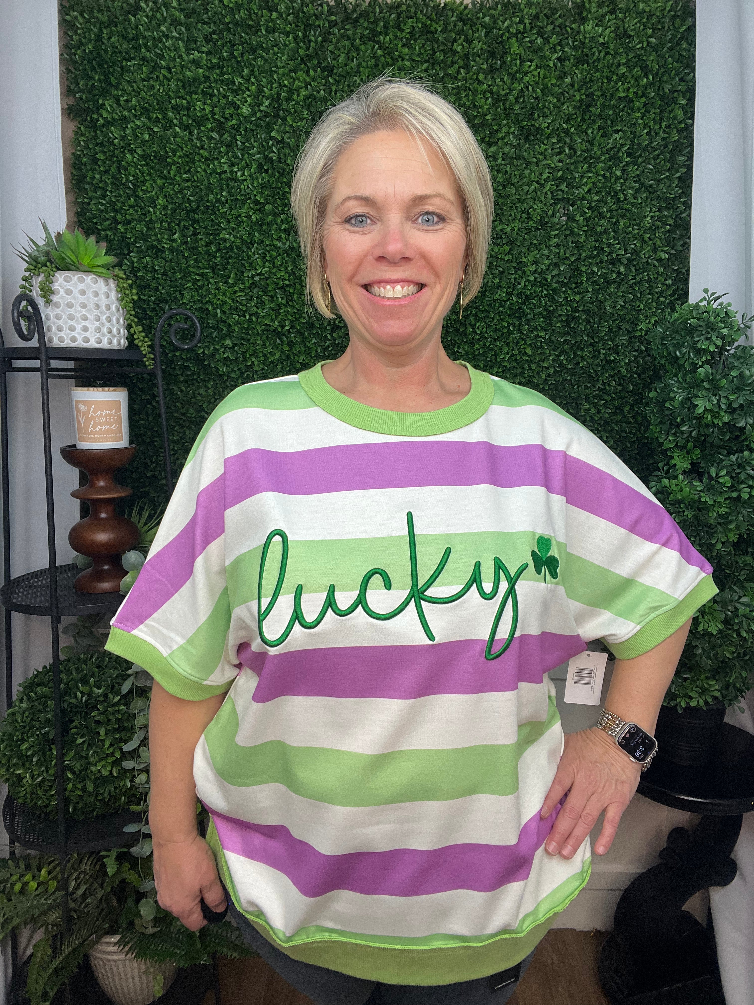 LUCKY CLOVER EMBROIDERED GRAPHIC TEE - GREEN STRIPE