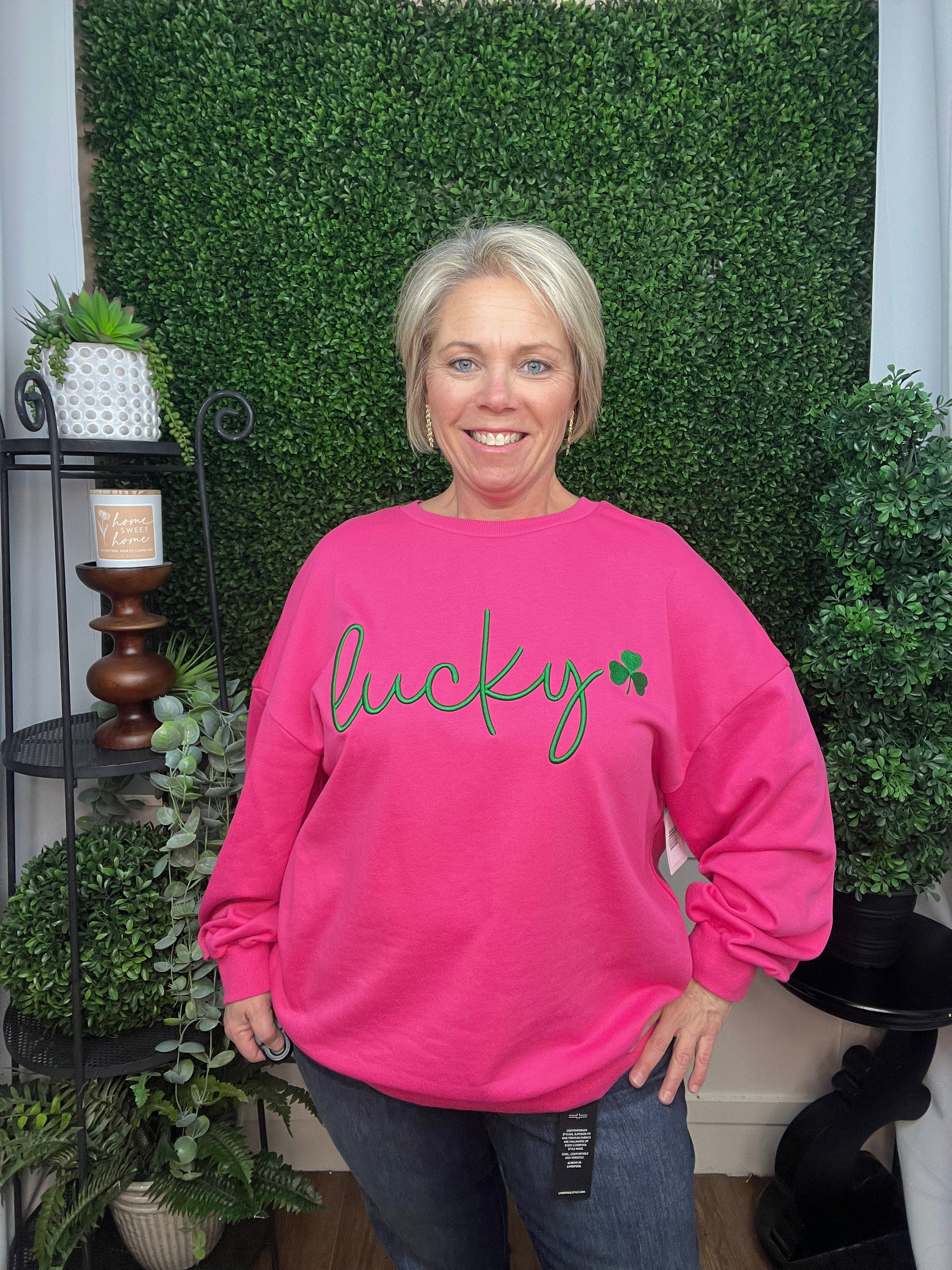LUCKY CLOVER EMBROIDERED SWEATSHIRT - ROSE RED