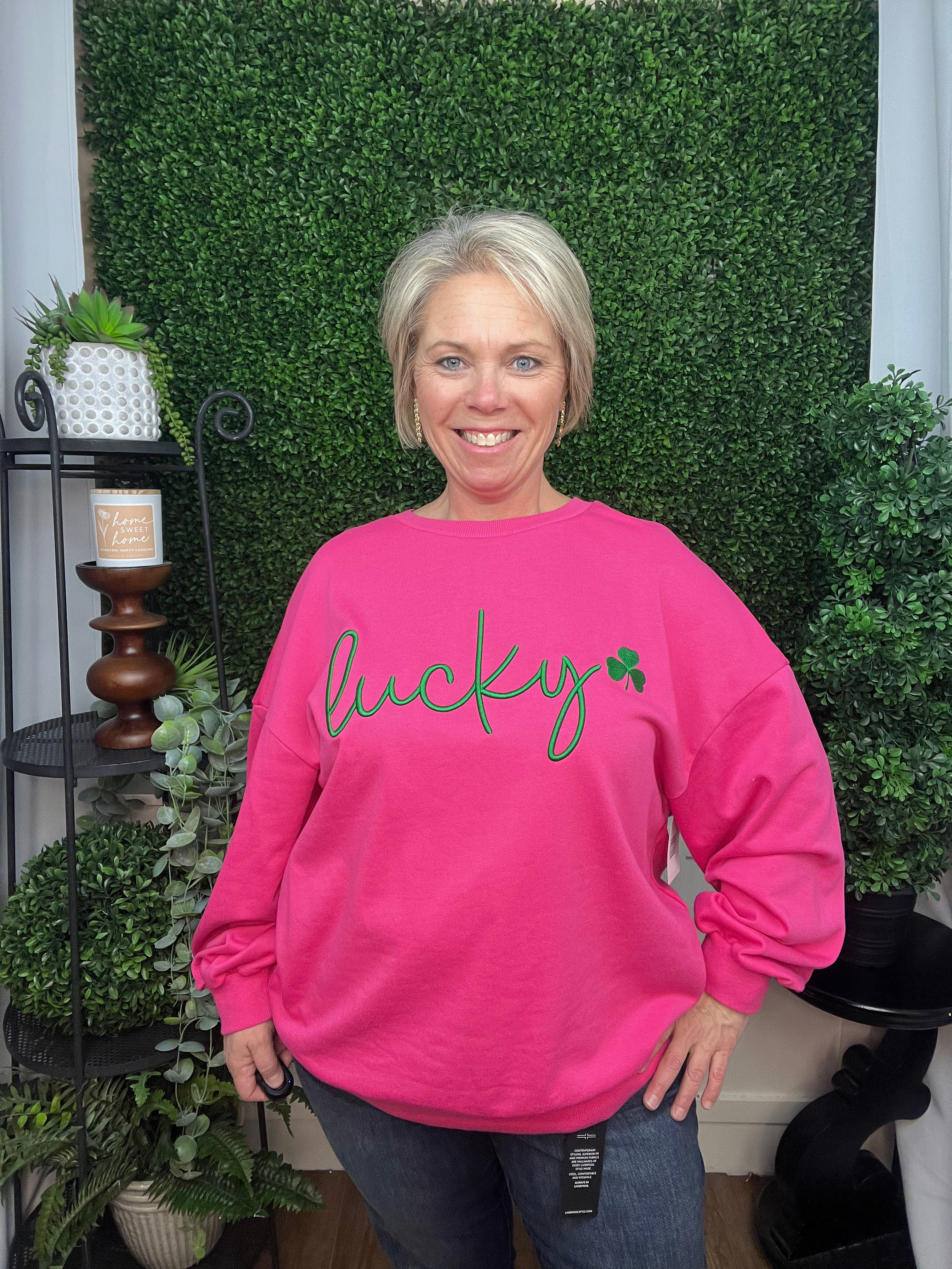 LUCKY CLOVER EMBROIDERED SWEATSHIRT - ROSE RED
