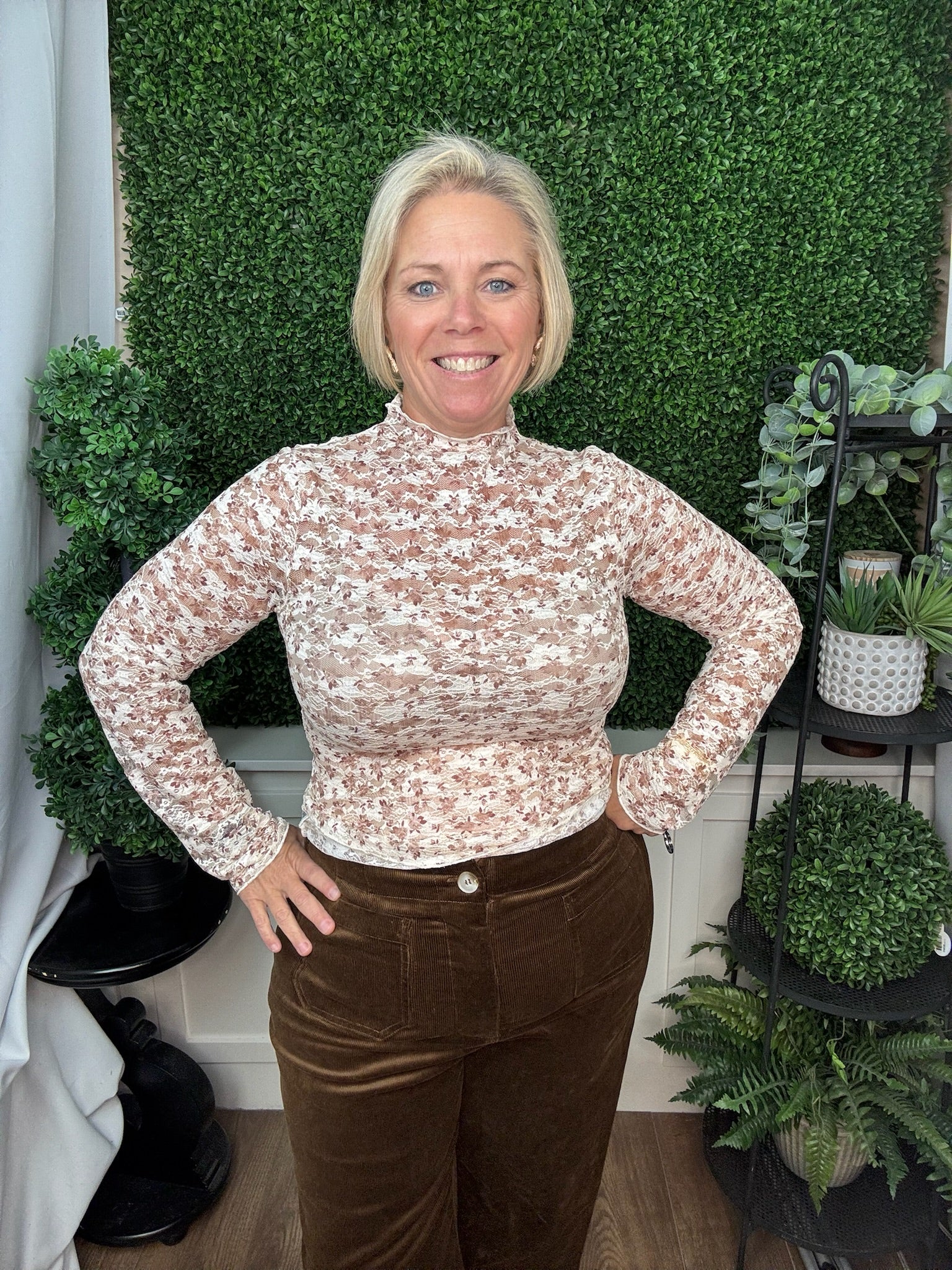 FLORAL LACE LONG SLEEVE TOP - TAUPE FLORAL LEAF-26