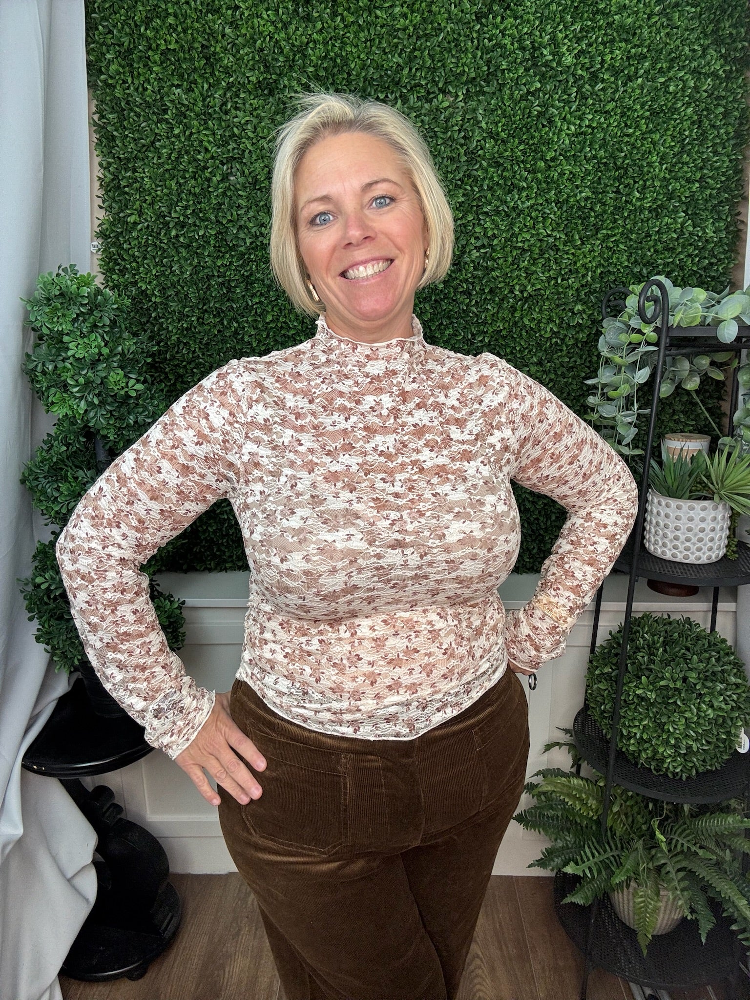FLORAL LACE LONG SLEEVE TOP - TAUPE FLORAL LEAF-26