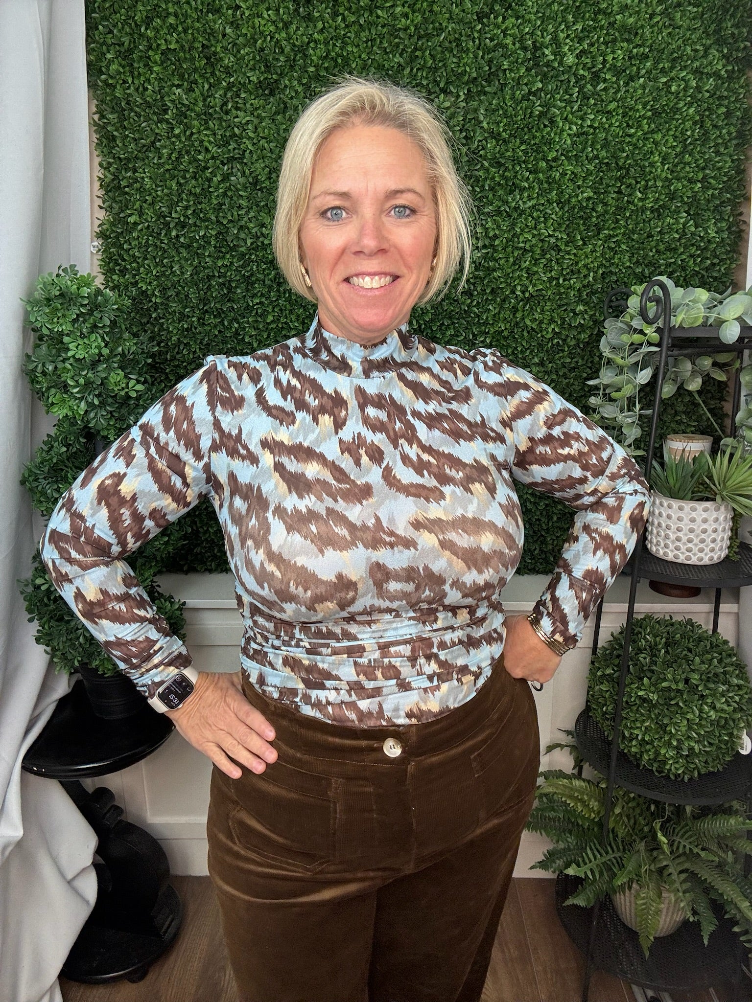 LONG-SLEEVE ANIMAL PRINT MESH TOP - DENIM/BROWN