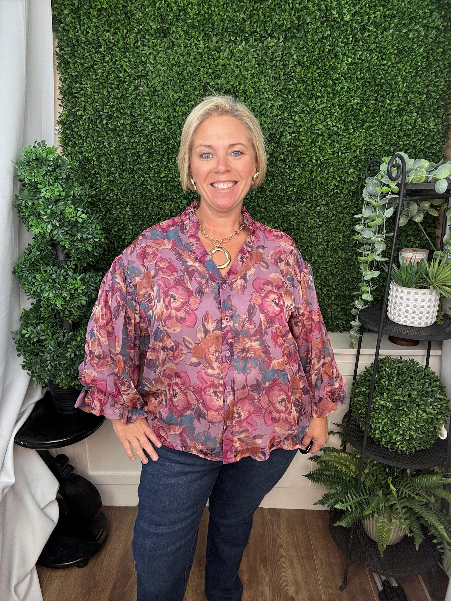 Floral Print Ruffled Neck V-Slit Button Down Blouse - Dusty Mauve