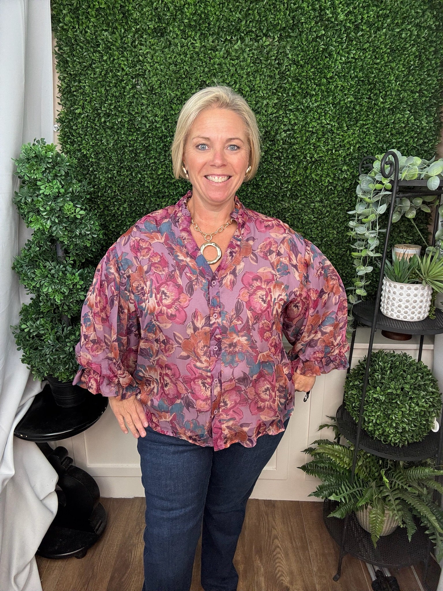 Floral Print Ruffled Neck V-Slit Button Down Blouse - Dusty Mauve
