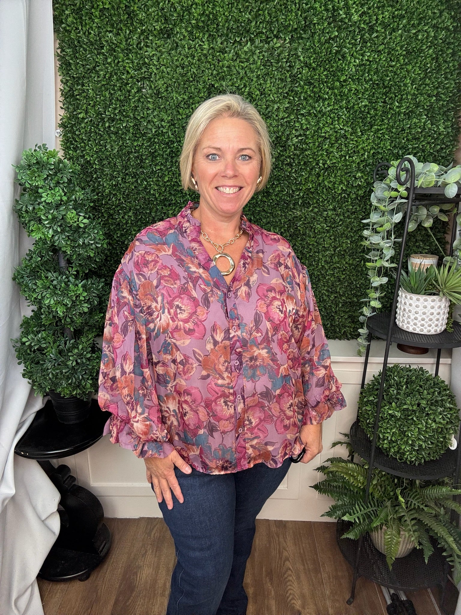 Floral Print Ruffled Neck V-Slit Button Down Blouse - Dusty Mauve