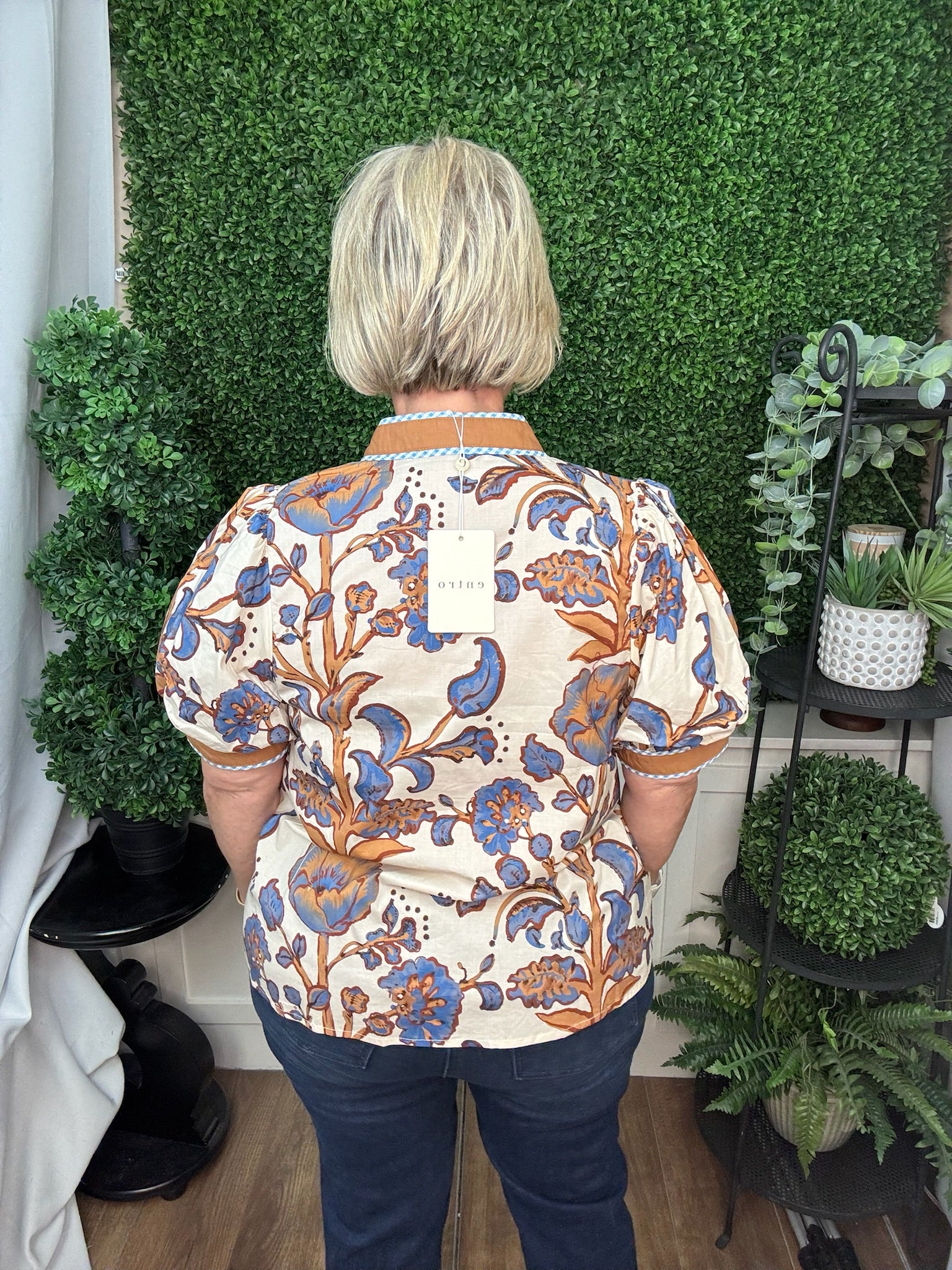 FLORAL PRINT PUFF SLEEVE BLOUSE - CHOCOLATE/ECRU