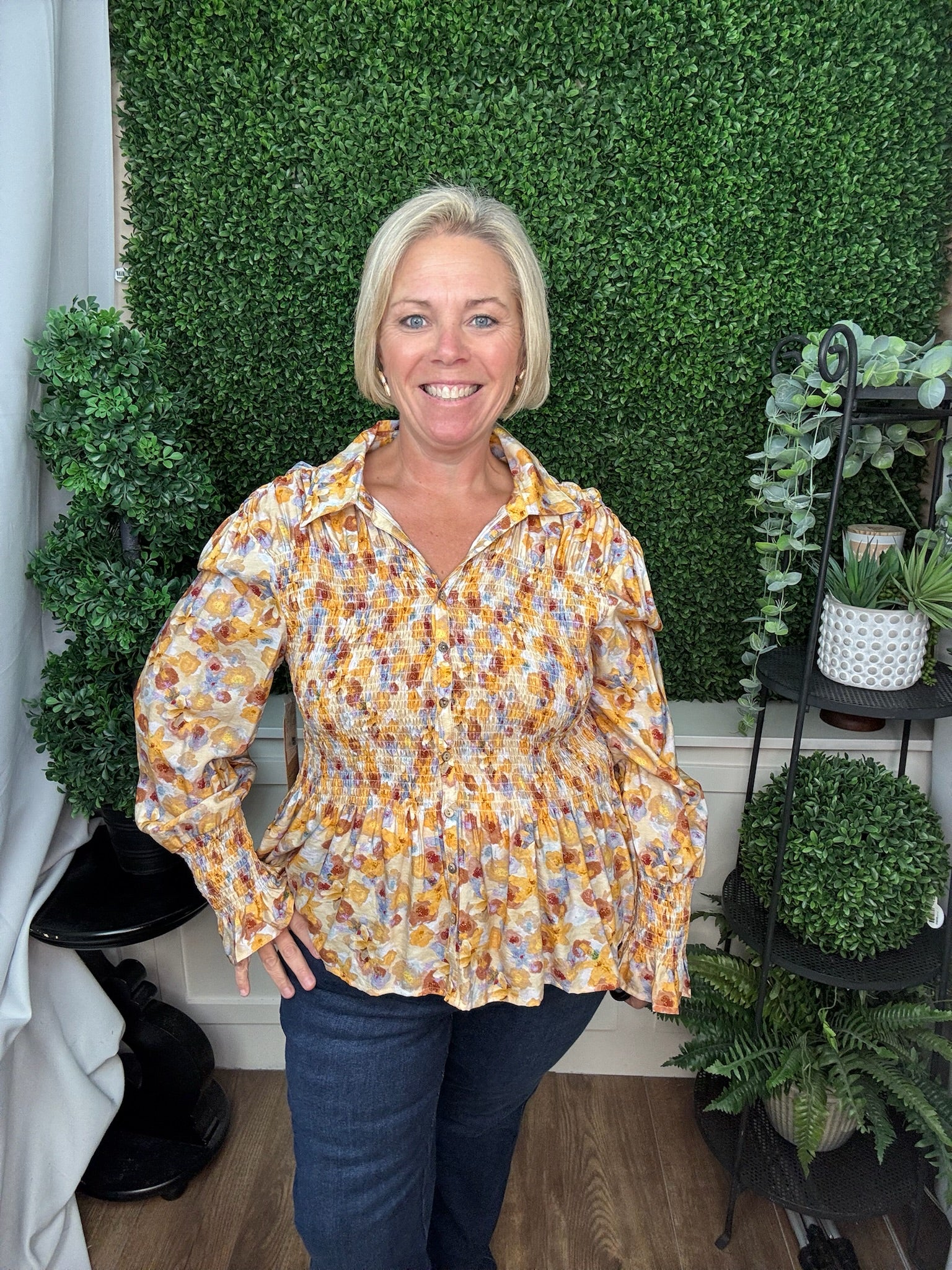 SMOCKED BUTTON UP WITH LONG SLEEVES - MULTI