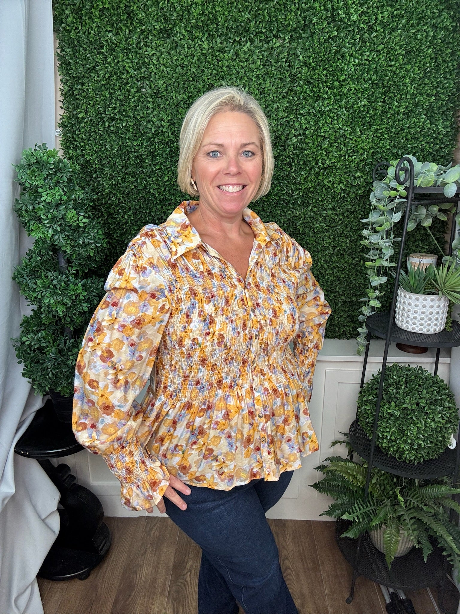 SMOCKED BUTTON UP WITH LONG SLEEVES - MULTI