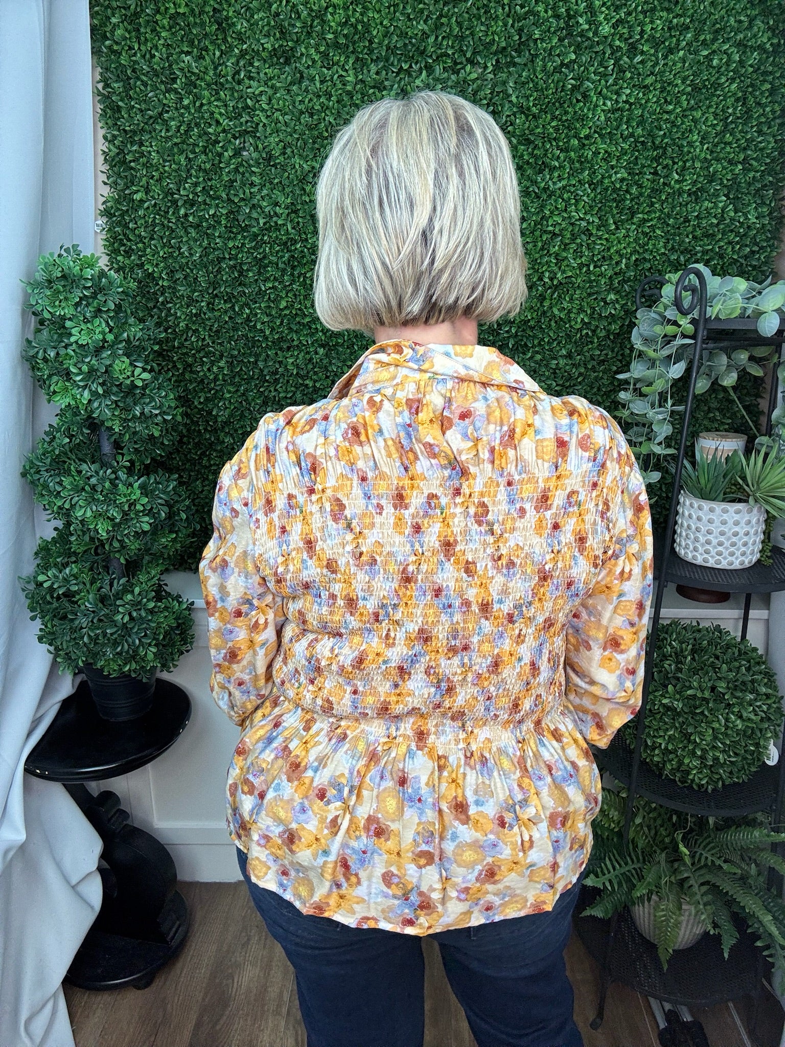 SMOCKED BUTTON UP WITH LONG SLEEVES - MULTI