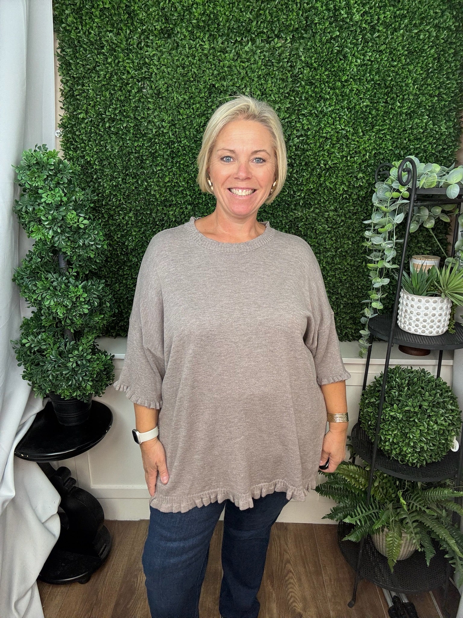 LONG SLEEVE RUFFLE NECK KNIT SWEATER - COCOA
