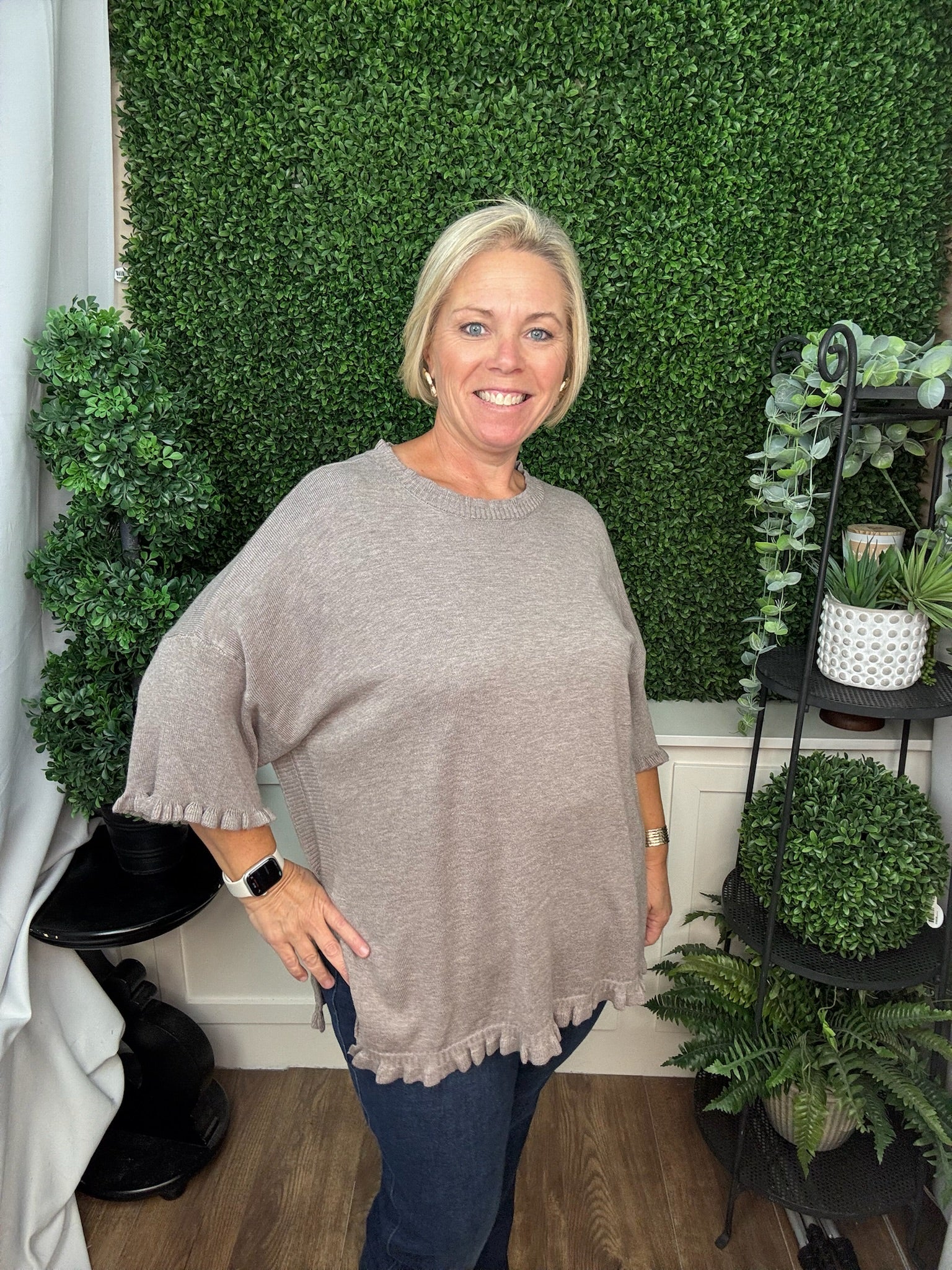 LONG SLEEVE RUFFLE NECK KNIT SWEATER - COCOA