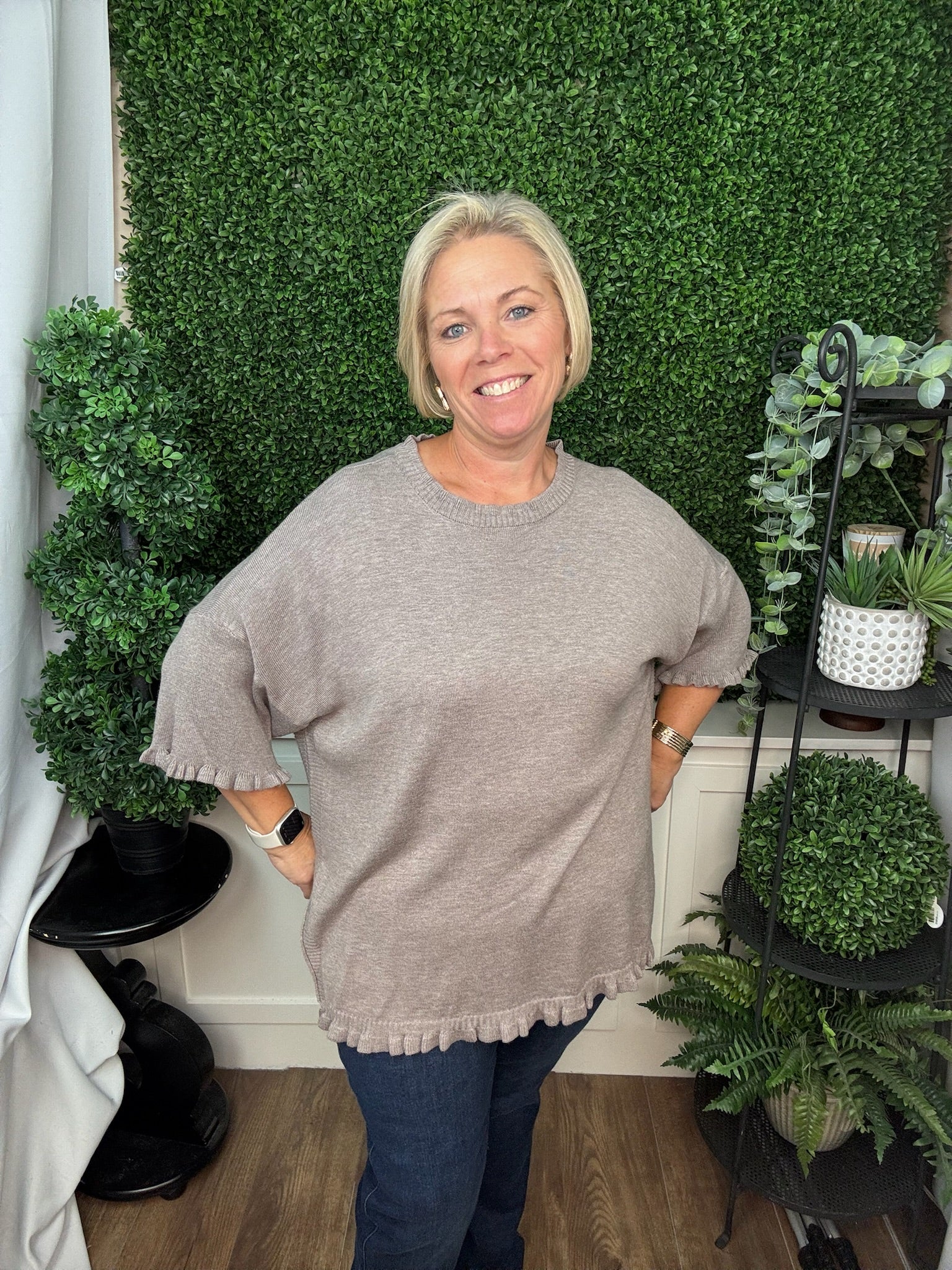 LONG SLEEVE RUFFLE NECK KNIT SWEATER - COCOA