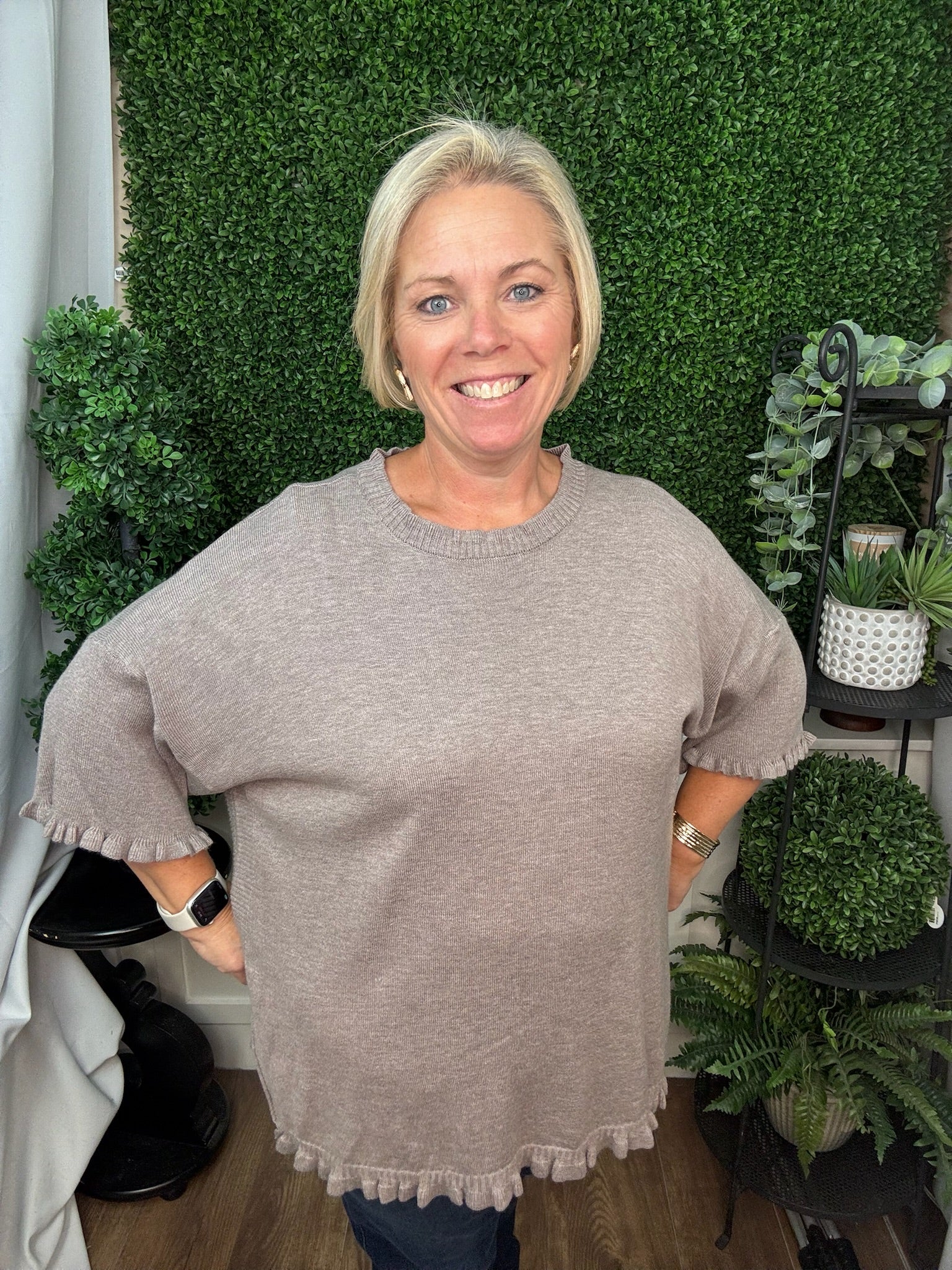 LONG SLEEVE RUFFLE NECK KNIT SWEATER - COCOA