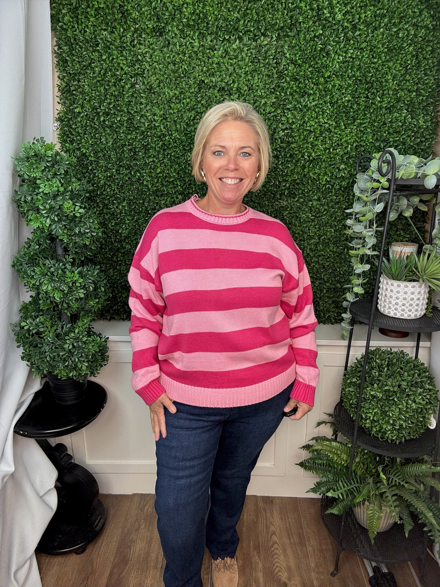 STRIPE CREW NECK KNIT SWEATER - PINK/MAGENTA COMBO
