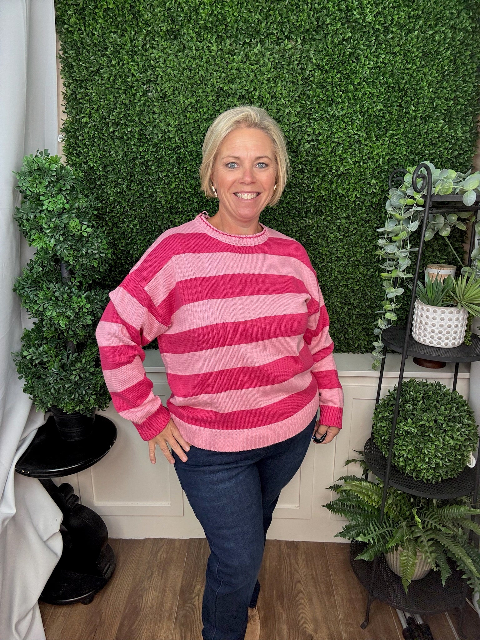 STRIPE CREW NECK KNIT SWEATER - PINK/MAGENTA COMBO
