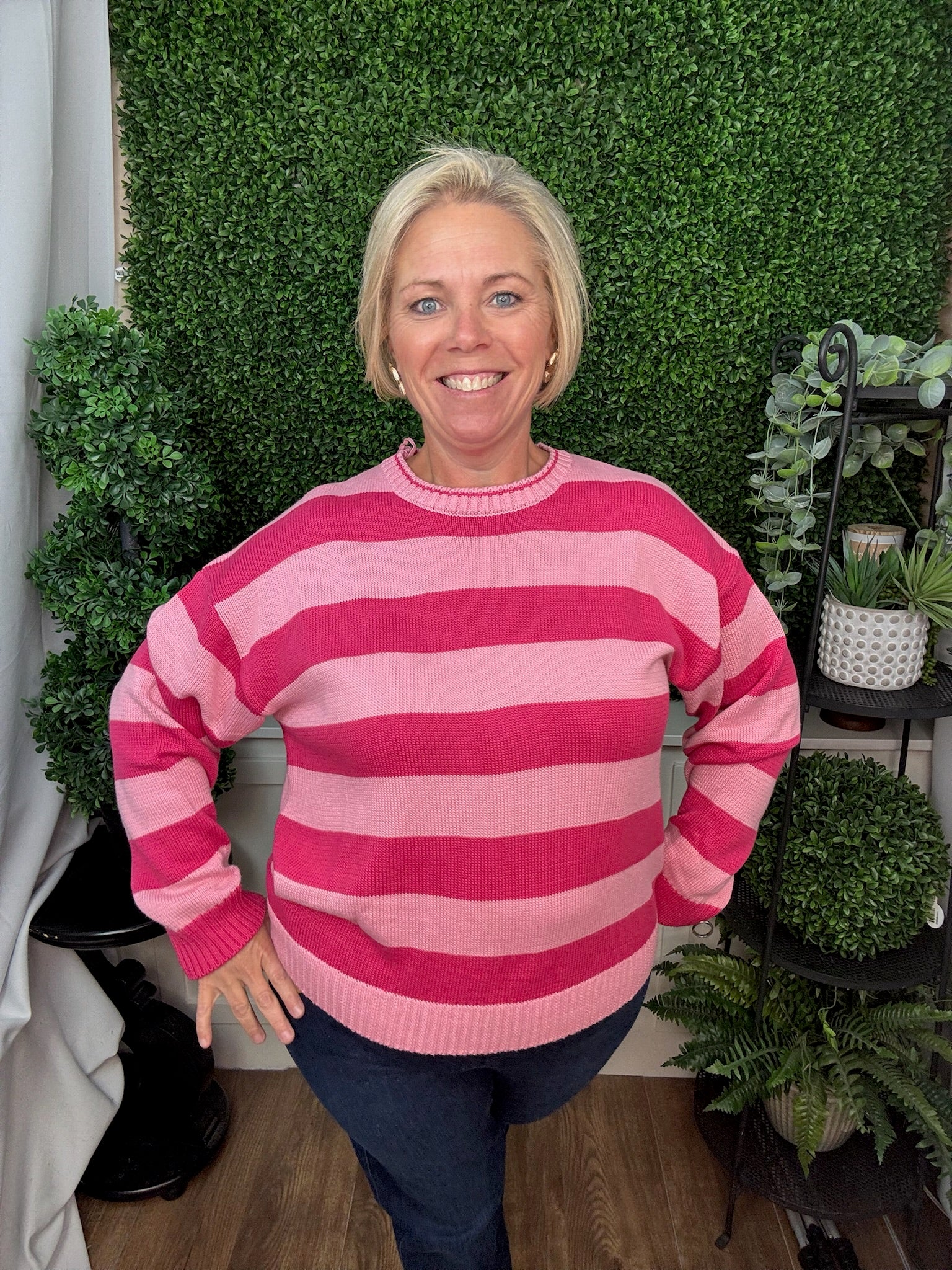 STRIPE CREW NECK KNIT SWEATER - PINK/MAGENTA COMBO