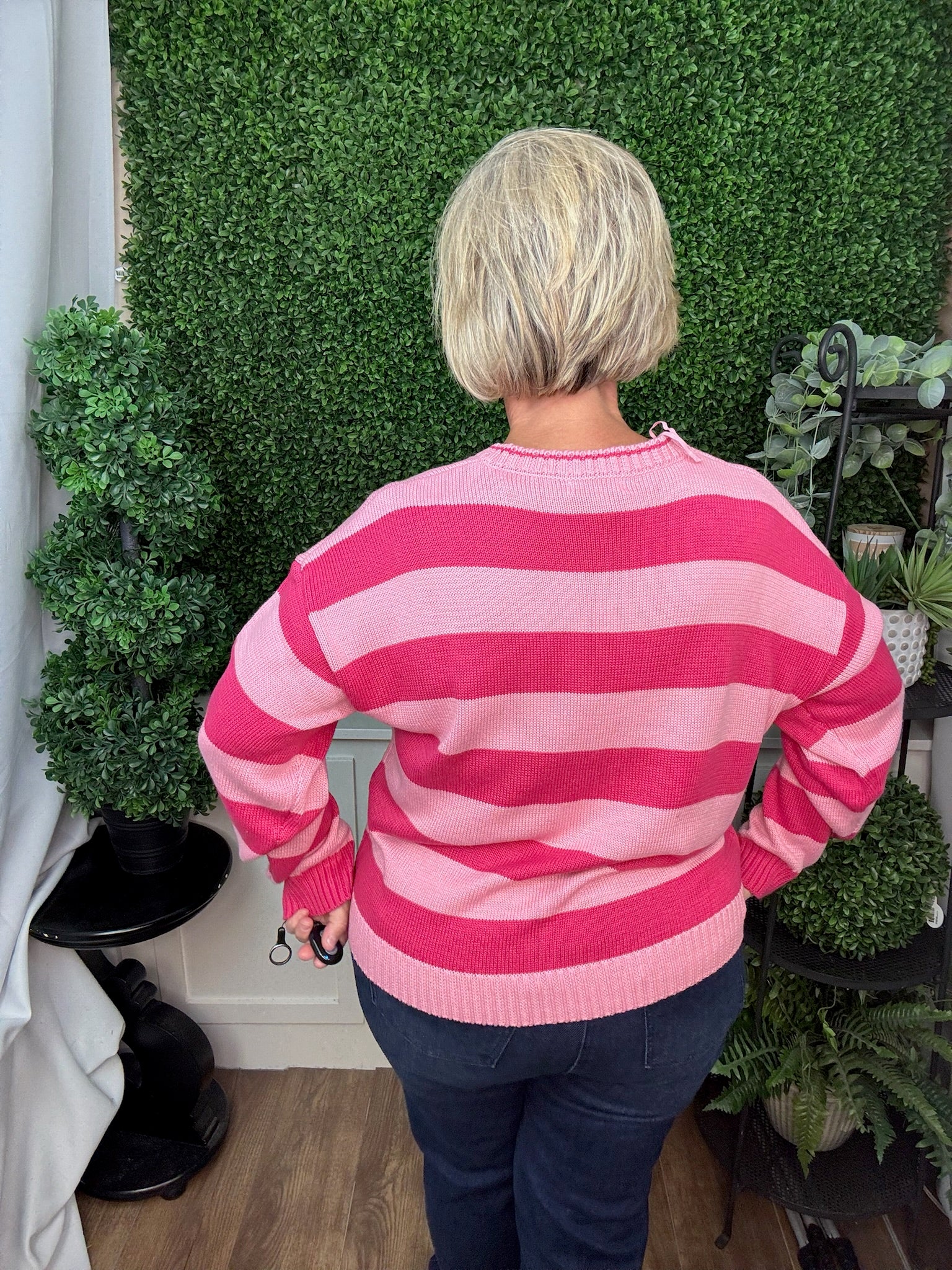 STRIPE CREW NECK KNIT SWEATER - PINK/MAGENTA COMBO