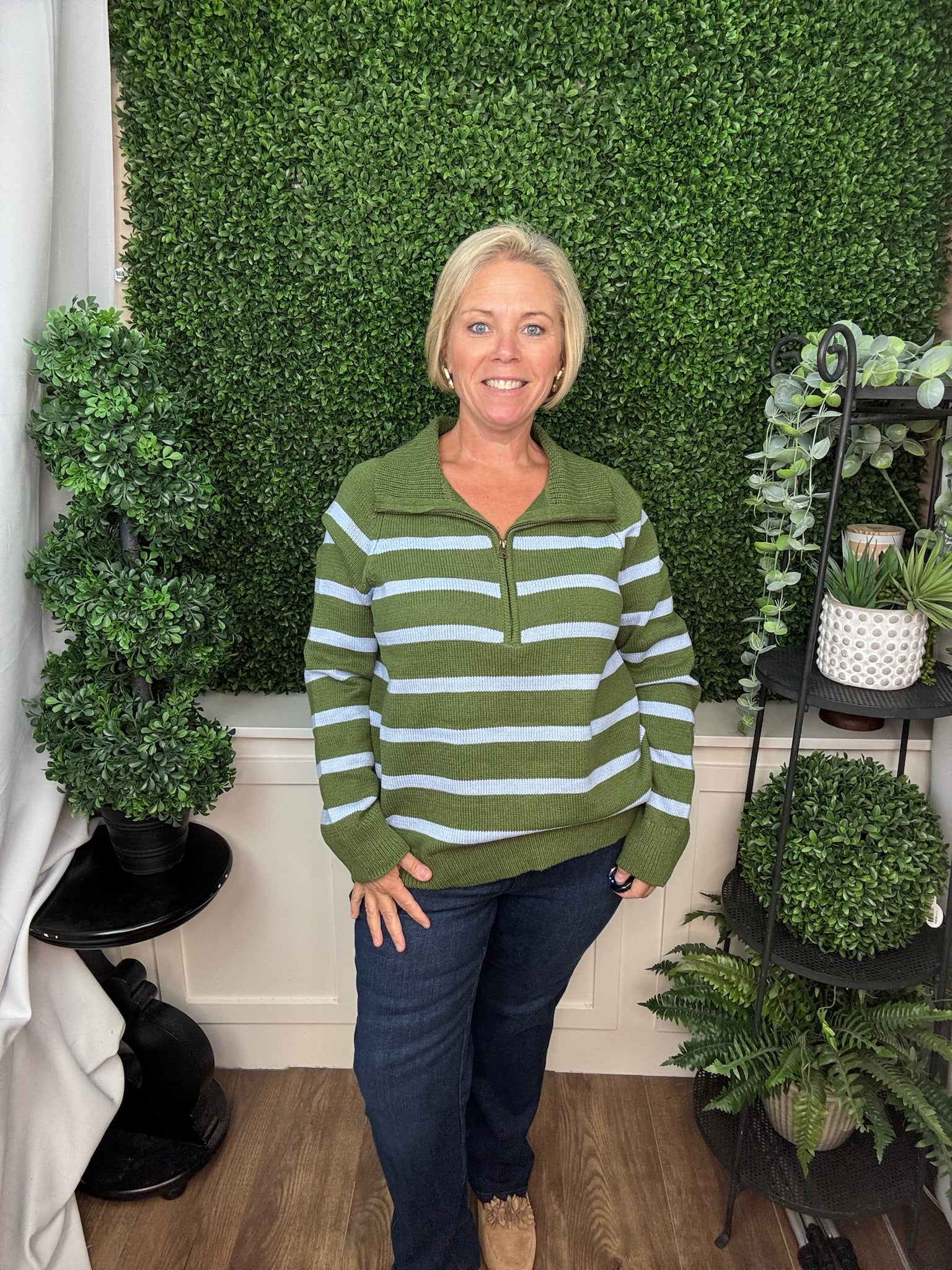 LONG SLEEVE 1/2 ZIP STRIPE SWEATER - OLIVE GREEN