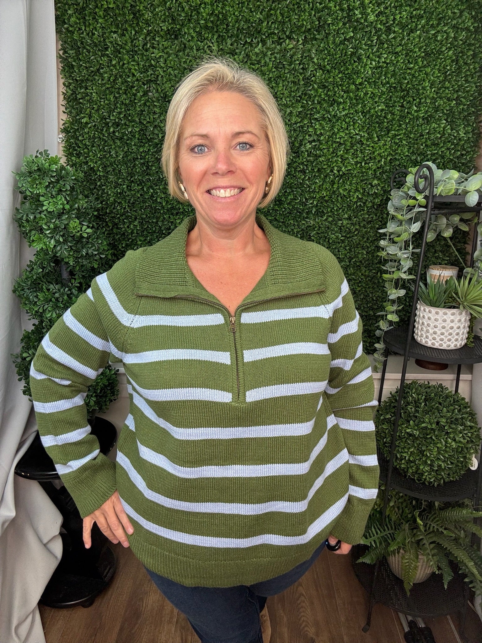 LONG SLEEVE 1/2 ZIP STRIPE SWEATER - OLIVE GREEN