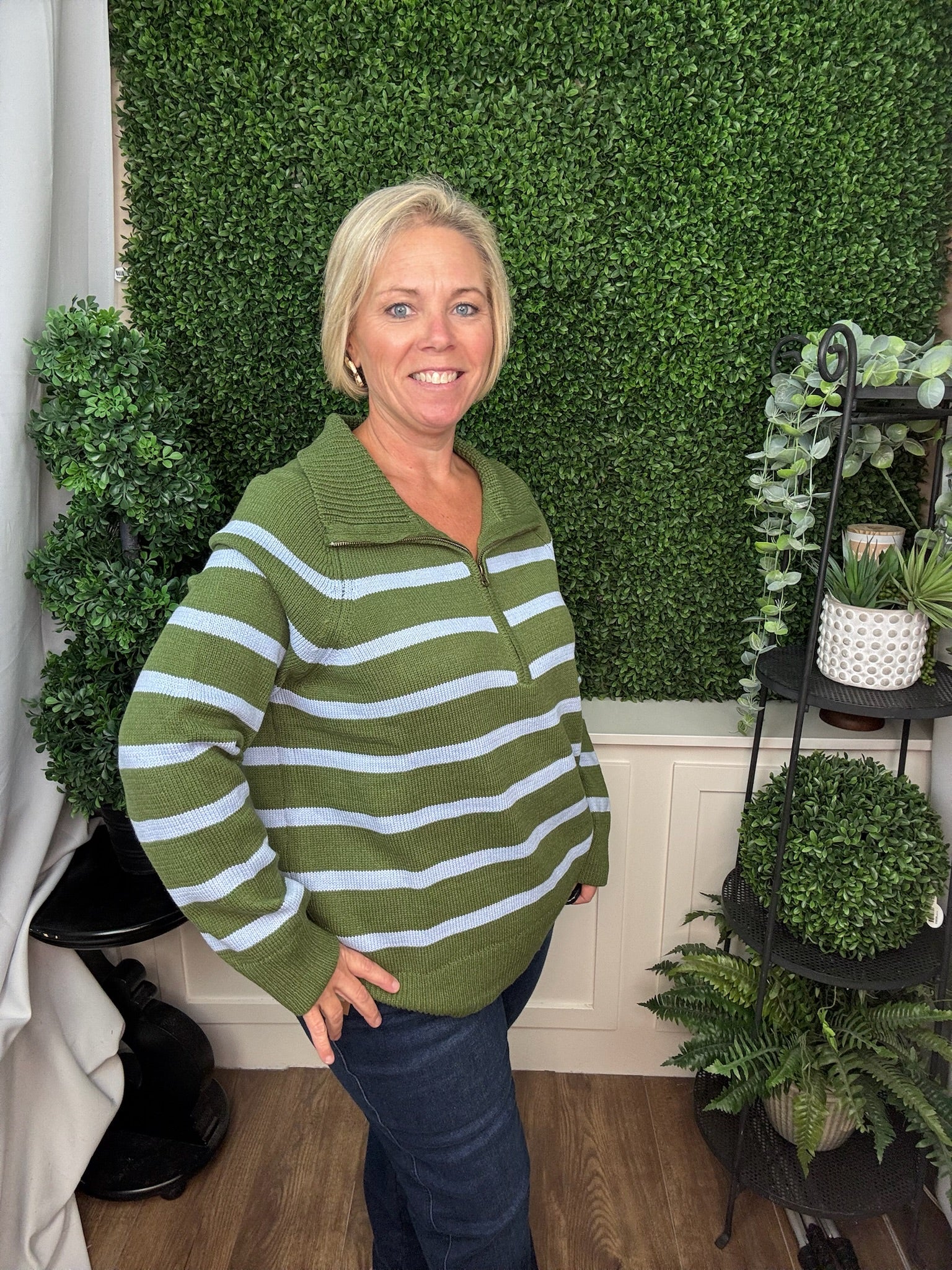 LONG SLEEVE 1/2 ZIP STRIPE SWEATER - OLIVE GREEN