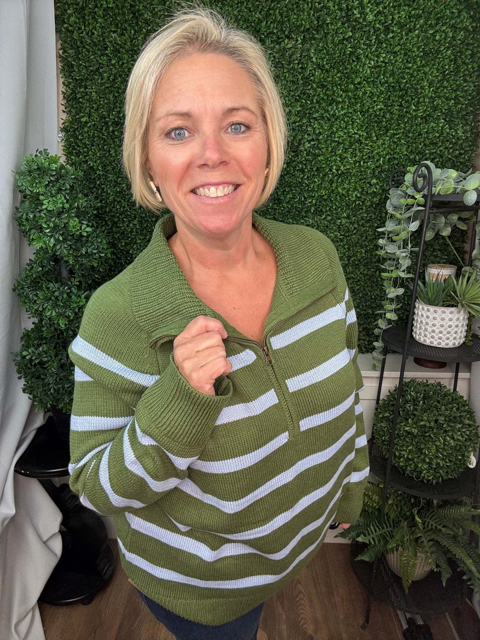 LONG SLEEVE 1/2 ZIP STRIPE SWEATER - OLIVE GREEN