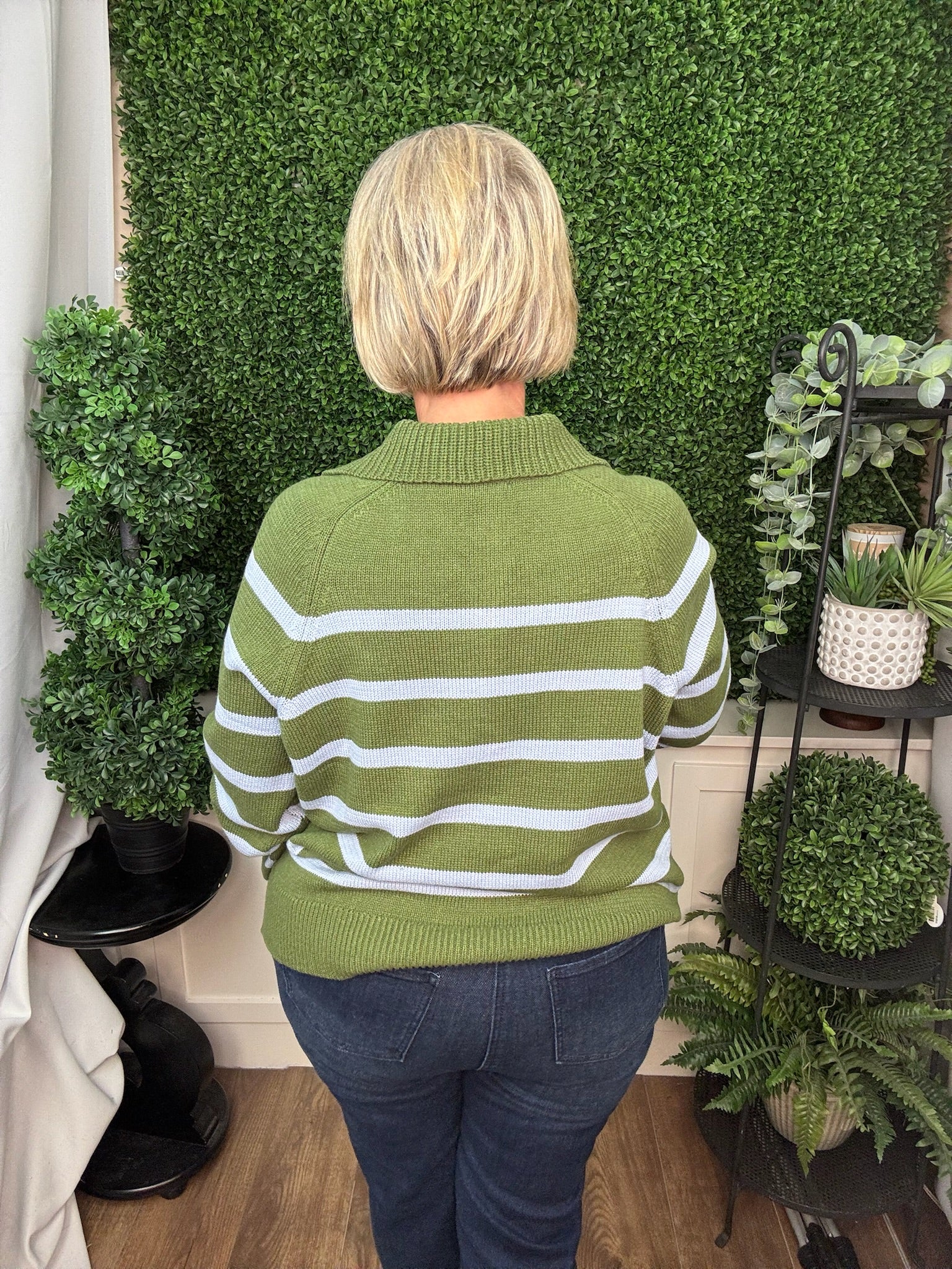 LONG SLEEVE 1/2 ZIP STRIPE SWEATER - OLIVE GREEN